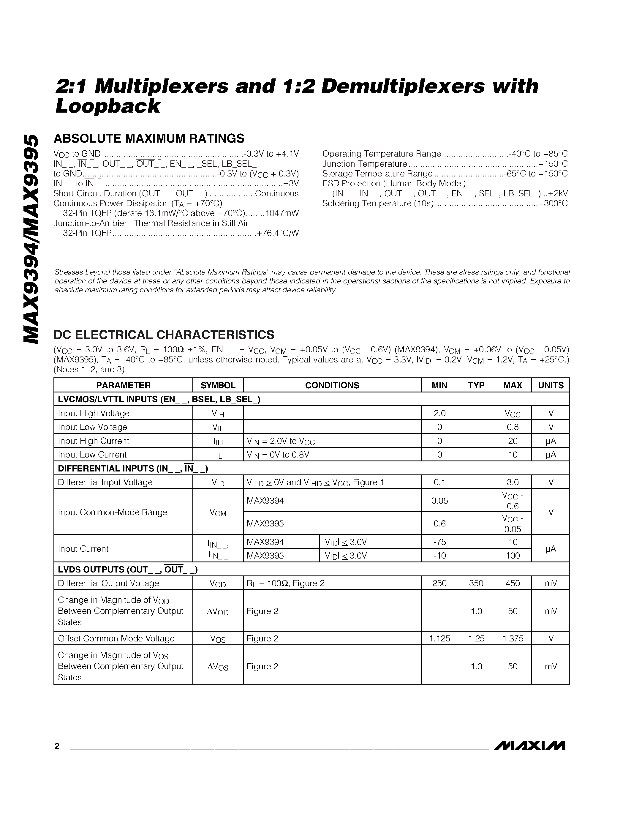 Datasheet MAX9394 page 2 Datasheet MAX9394 - (MAX9394 / MAX9395) 2:1 Multiplexers and 1:2 Demultiplexers page 2