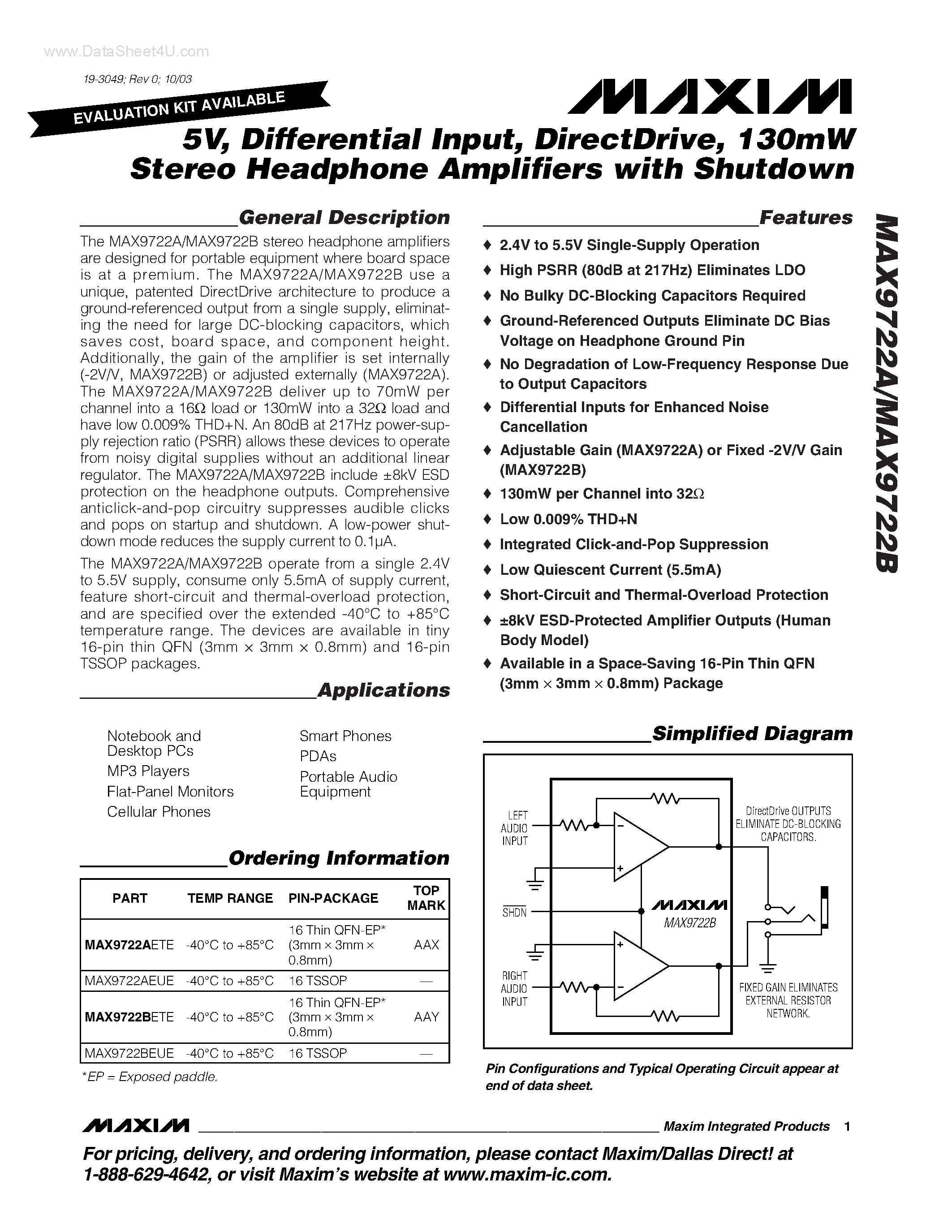 Datasheet MAX9722A page 1 Datasheet MAX9722A - (MAX9722A/B) 130mW Stereo Headphone Amplifiers page 1