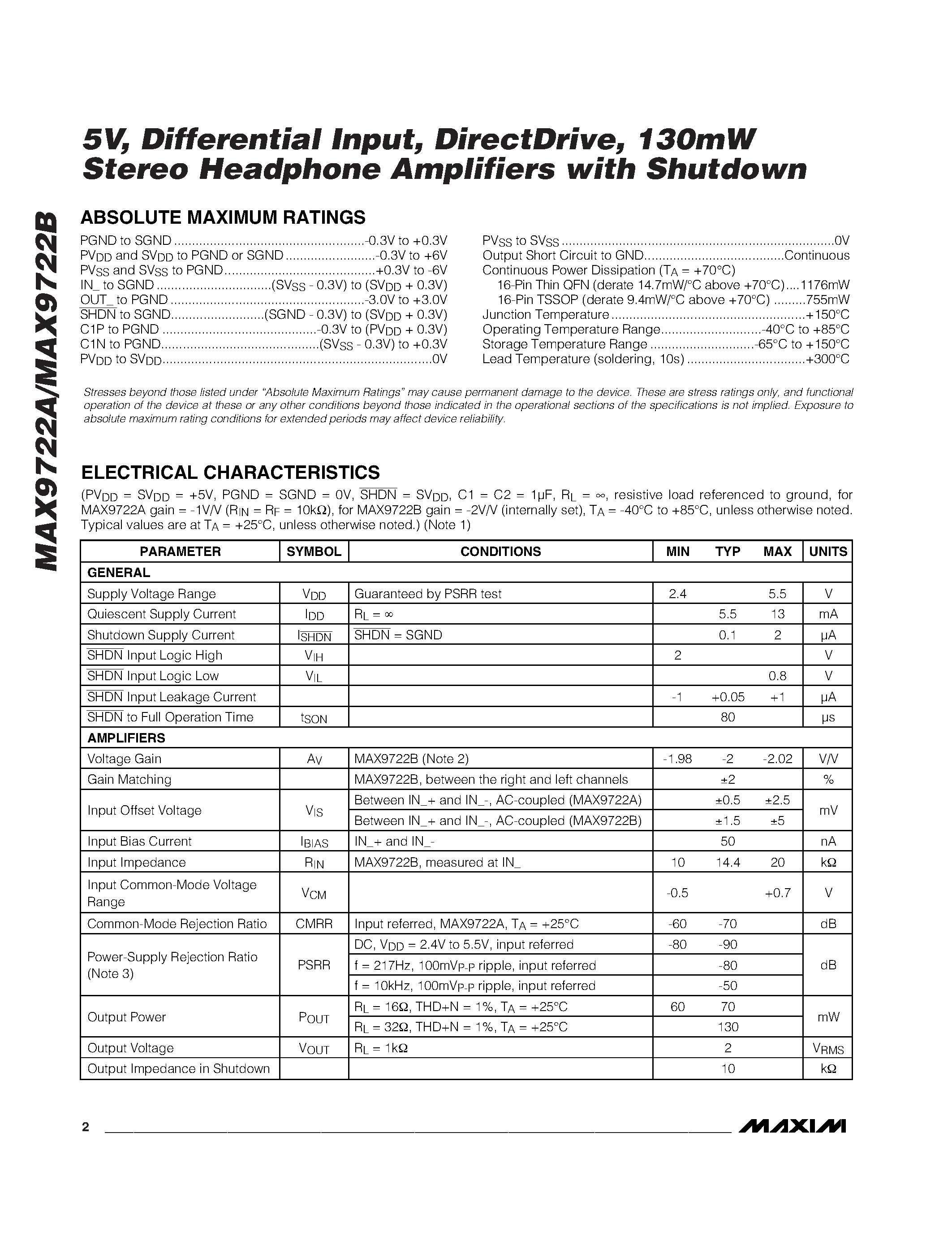 Datasheet MAX9722A page 2 Datasheet MAX9722A - (MAX9722A/B) 130mW Stereo Headphone Amplifiers page 2