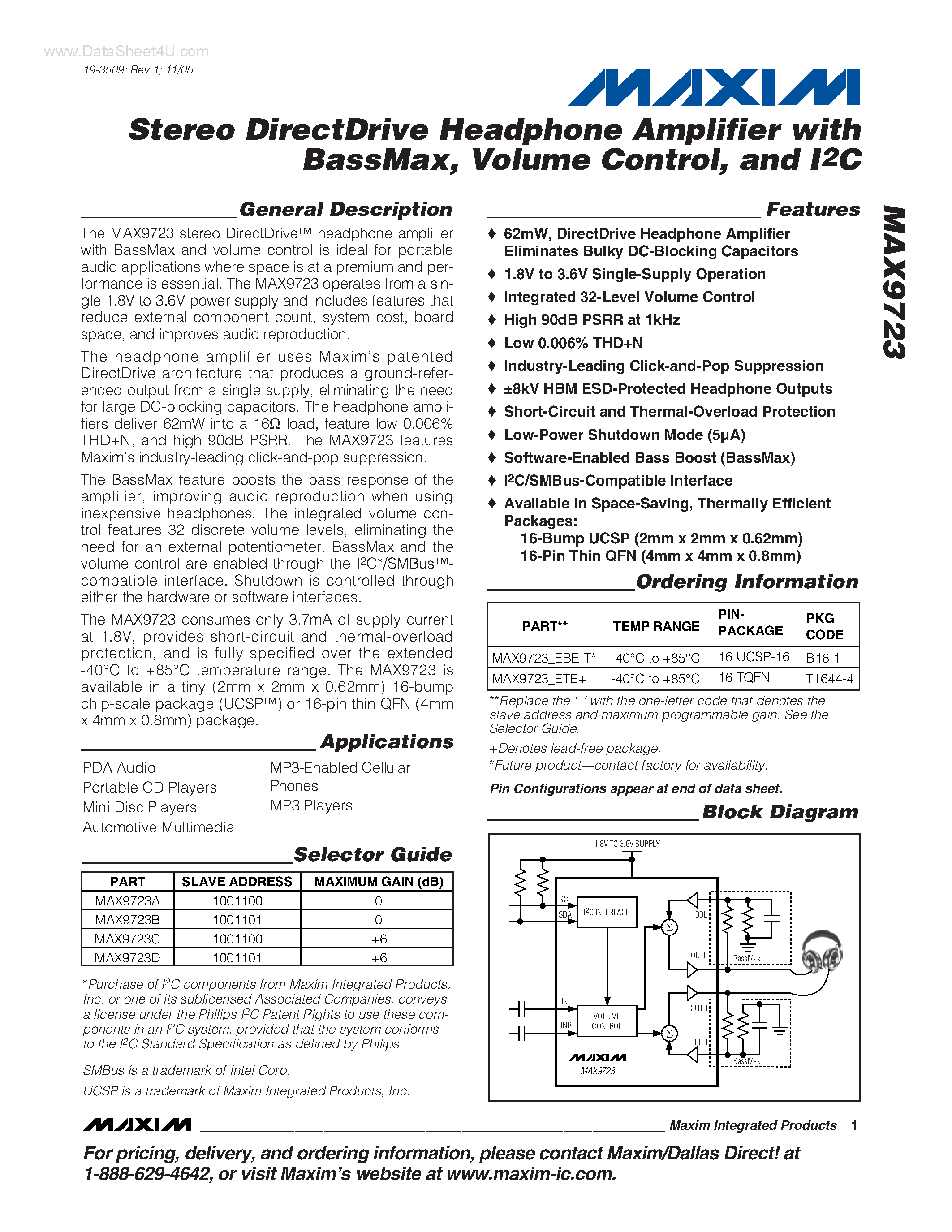 Даташит MAX9723 - Stereo DirectDrive Headphone Amplifier страница 1