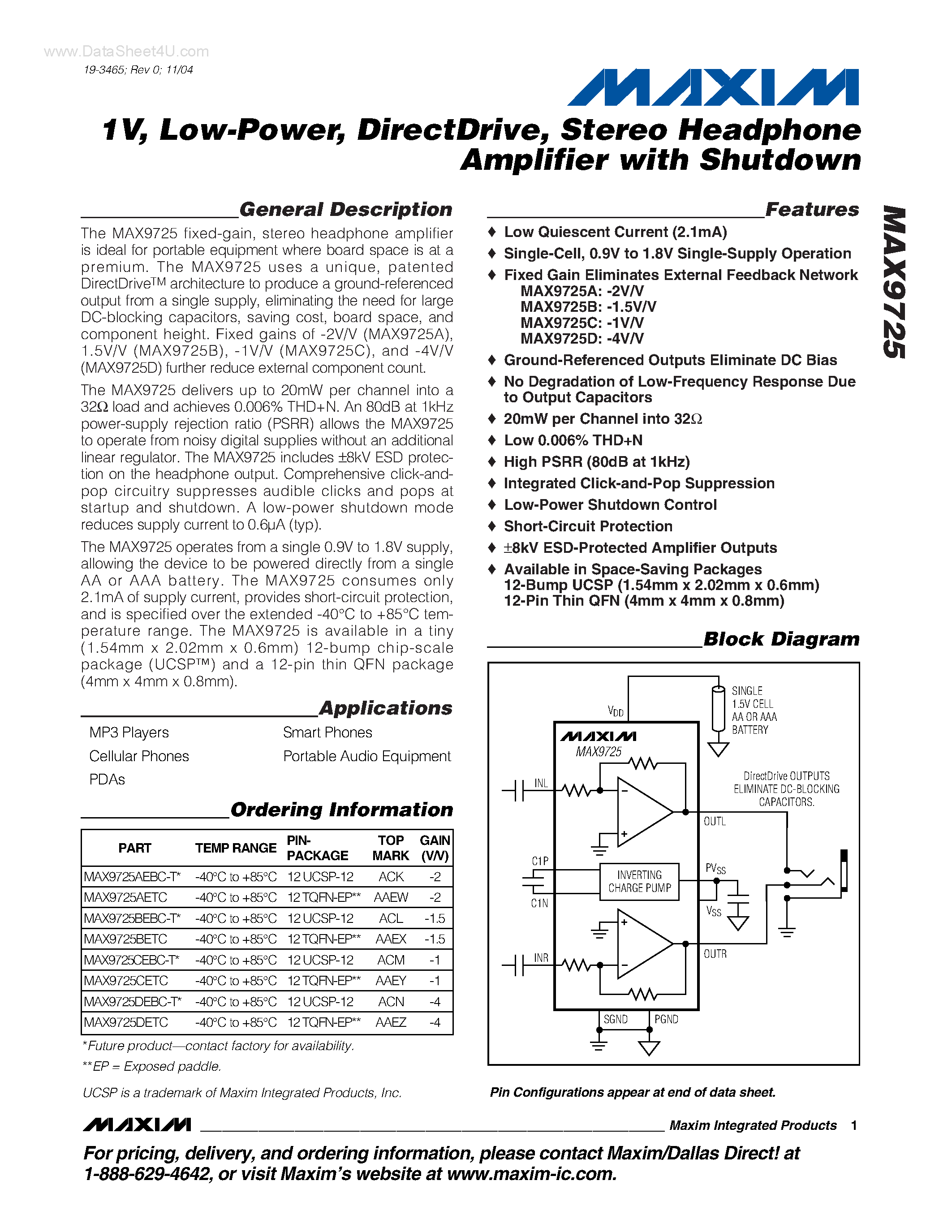 Даташит MAX9725 - Stereo Headphone Amplifier страница 1