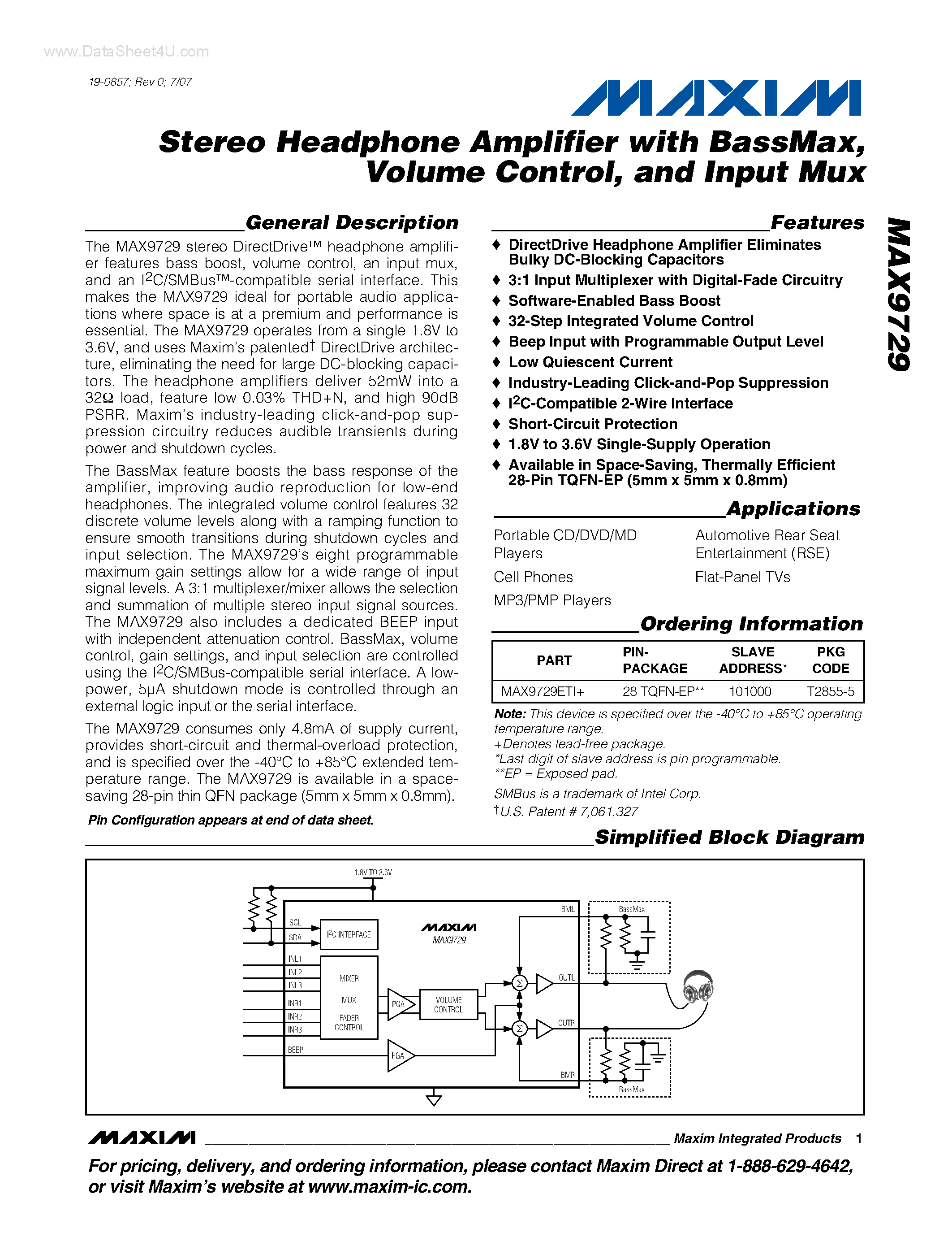Даташит MAX9729 - Stereo Headphone Amplifier страница 1