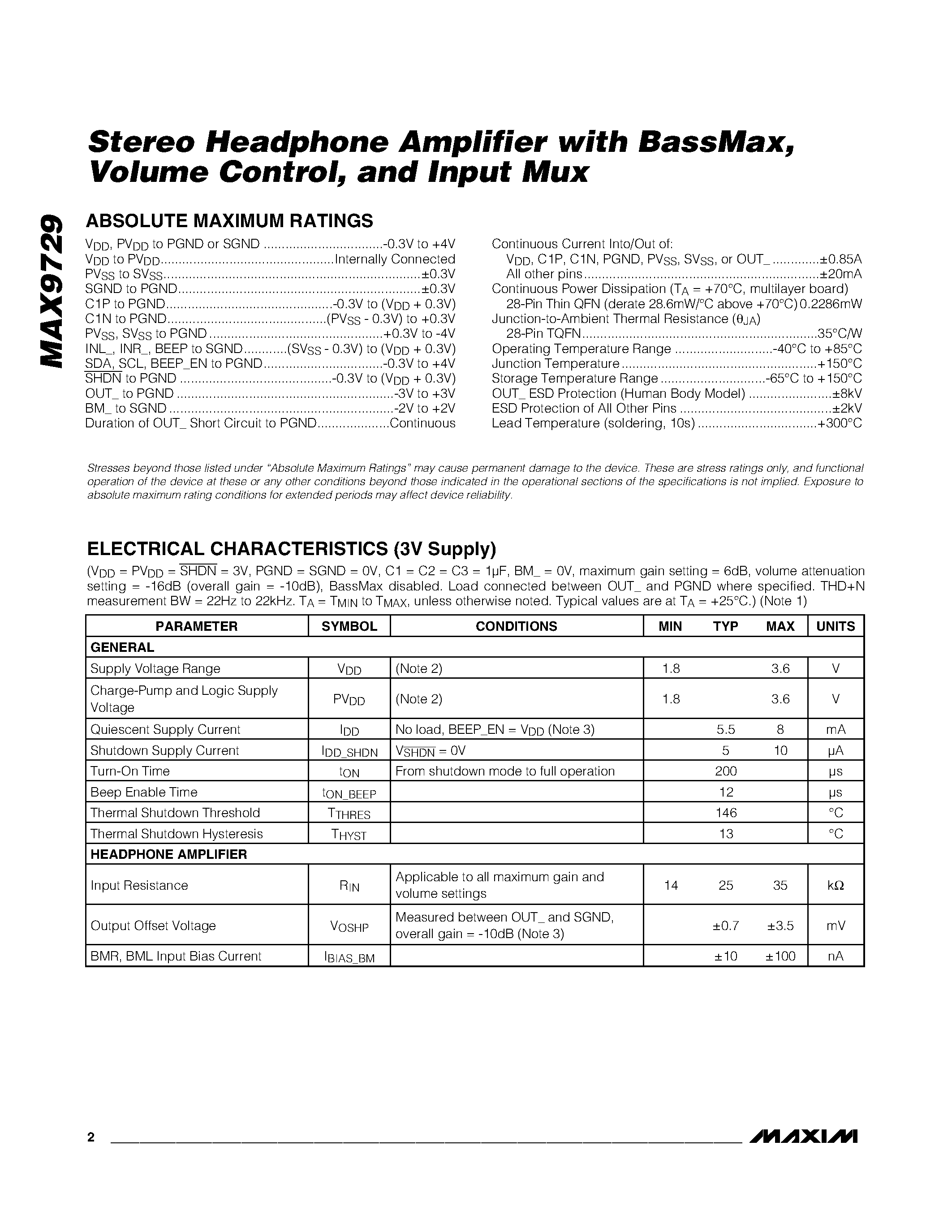 Даташит MAX9729 - Stereo Headphone Amplifier страница 2