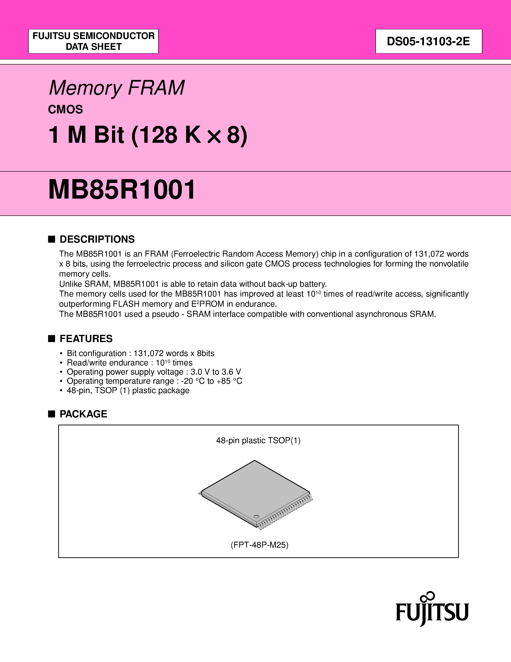 Даташит MB85R1001 - 1 M Bit (128 K X 8) страница 1