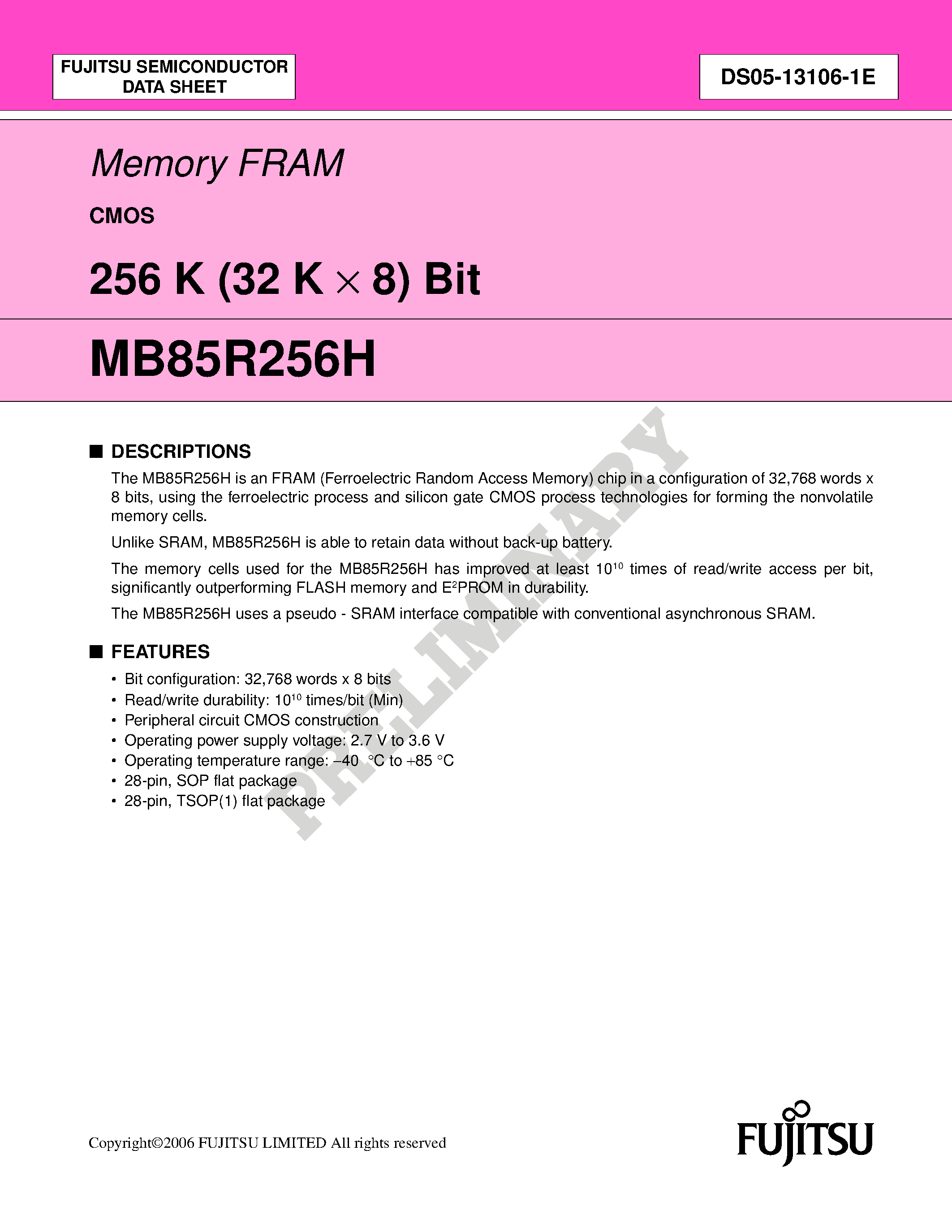 Даташит MB85R256H - Memory FRAM CMOS 256 K (32 K X 8) Bit страница 1