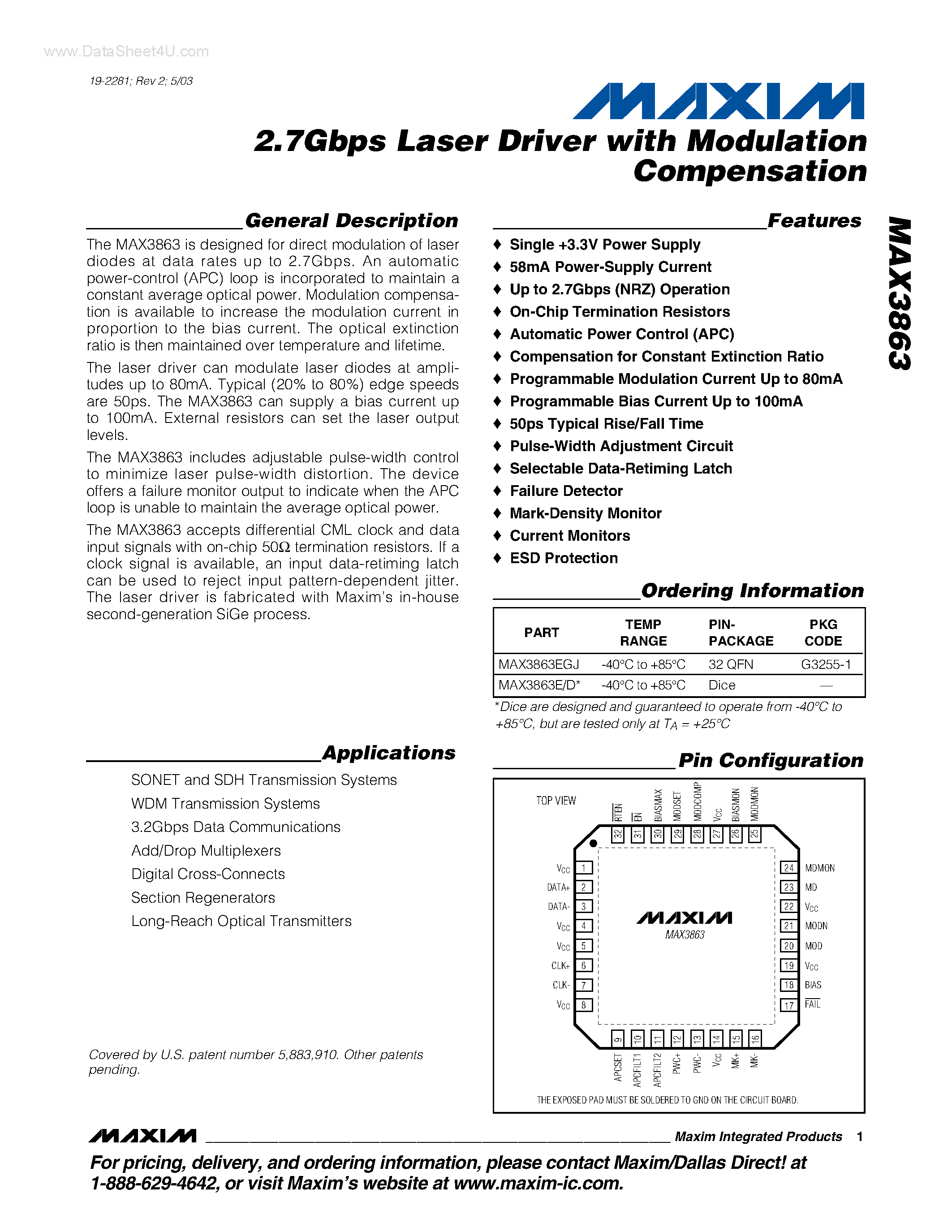 Datasheet MAX3863 - 2.7Gbps Laser Driver page 1