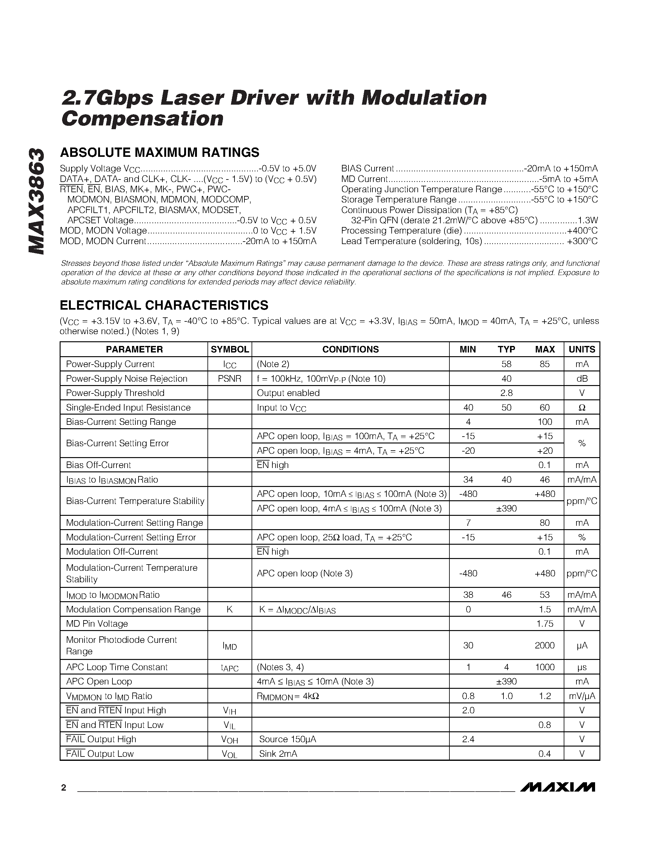 Datasheet MAX3863 - 2.7Gbps Laser Driver page 2