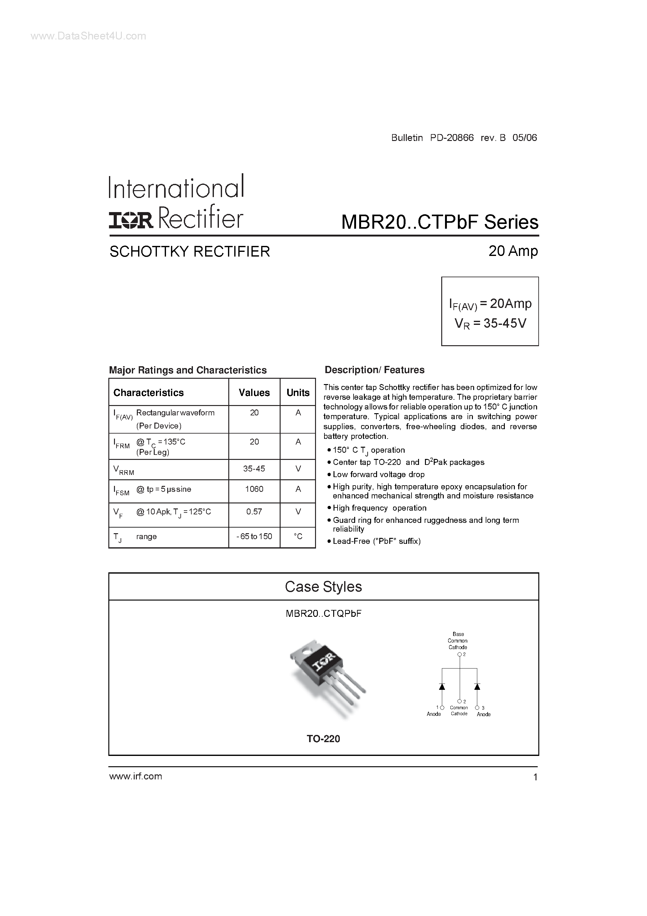 Datasheet MBR2035CTPbF - (MBR2xx5CTPbF) SCHOTTKY RECTIFIER page 1