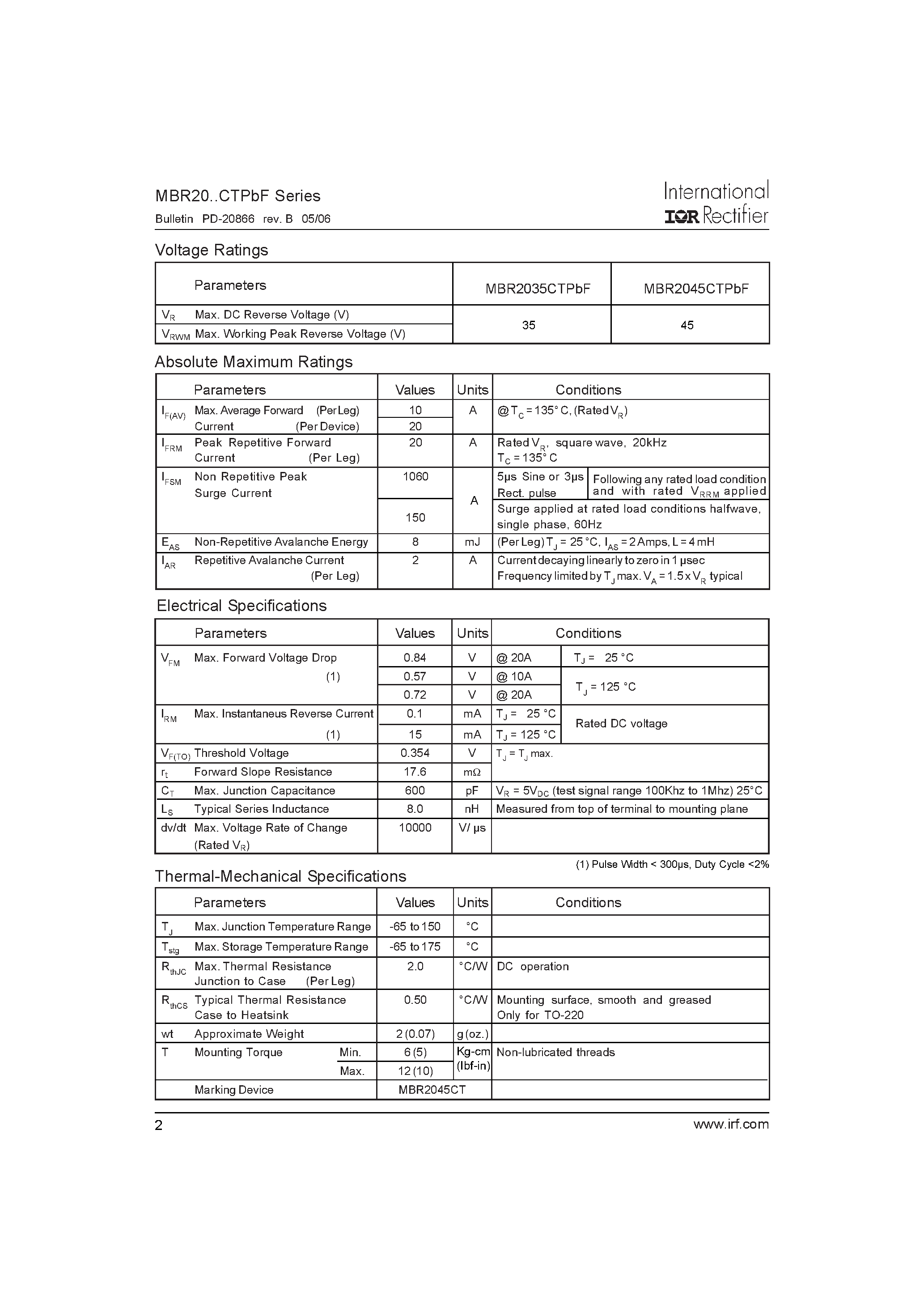 Datasheet MBR2035CTPbF - (MBR2xx5CTPbF) SCHOTTKY RECTIFIER page 2