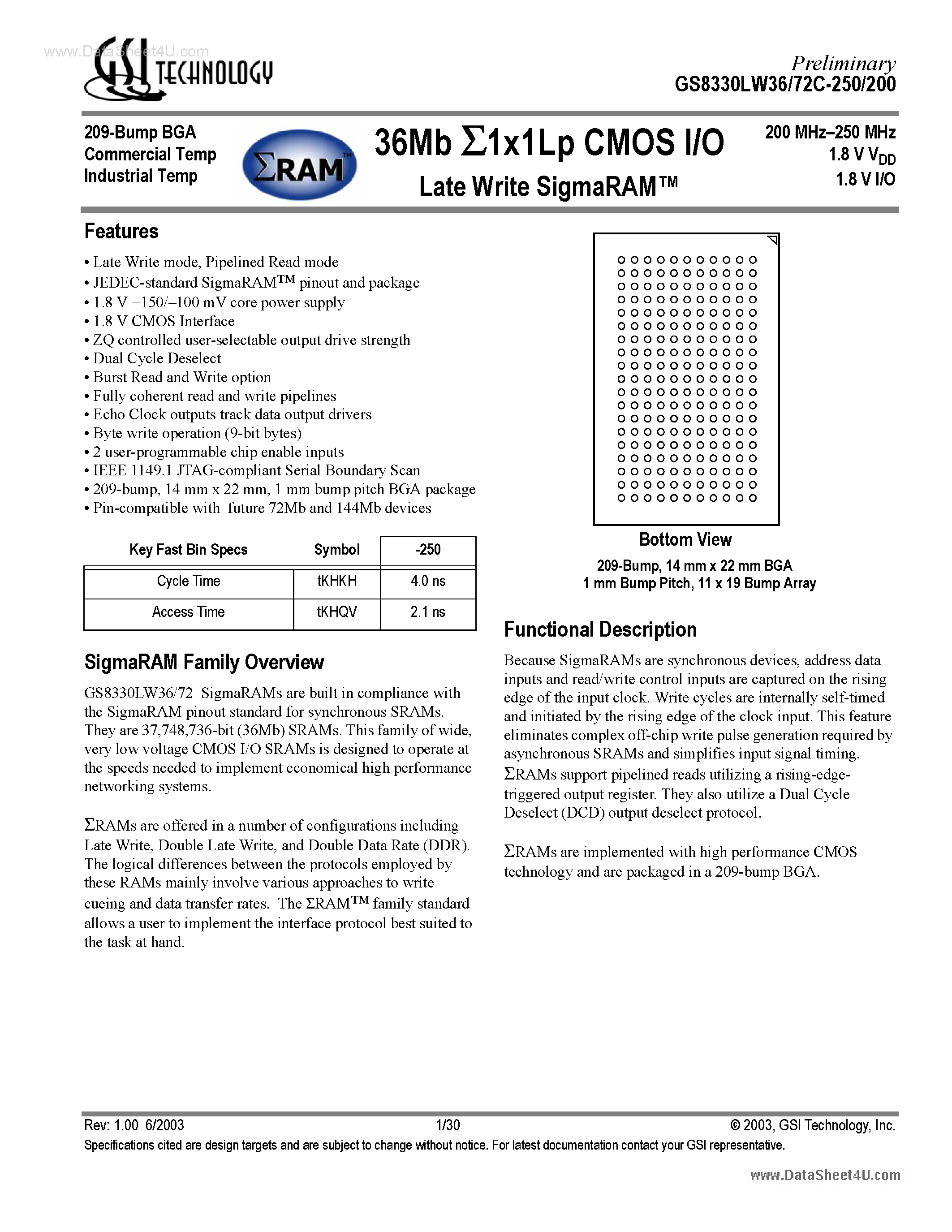 Datasheet GS8330LW36C - 36Mb 1x1Lp CMOS I/O Late Write SigmaRAM page 1