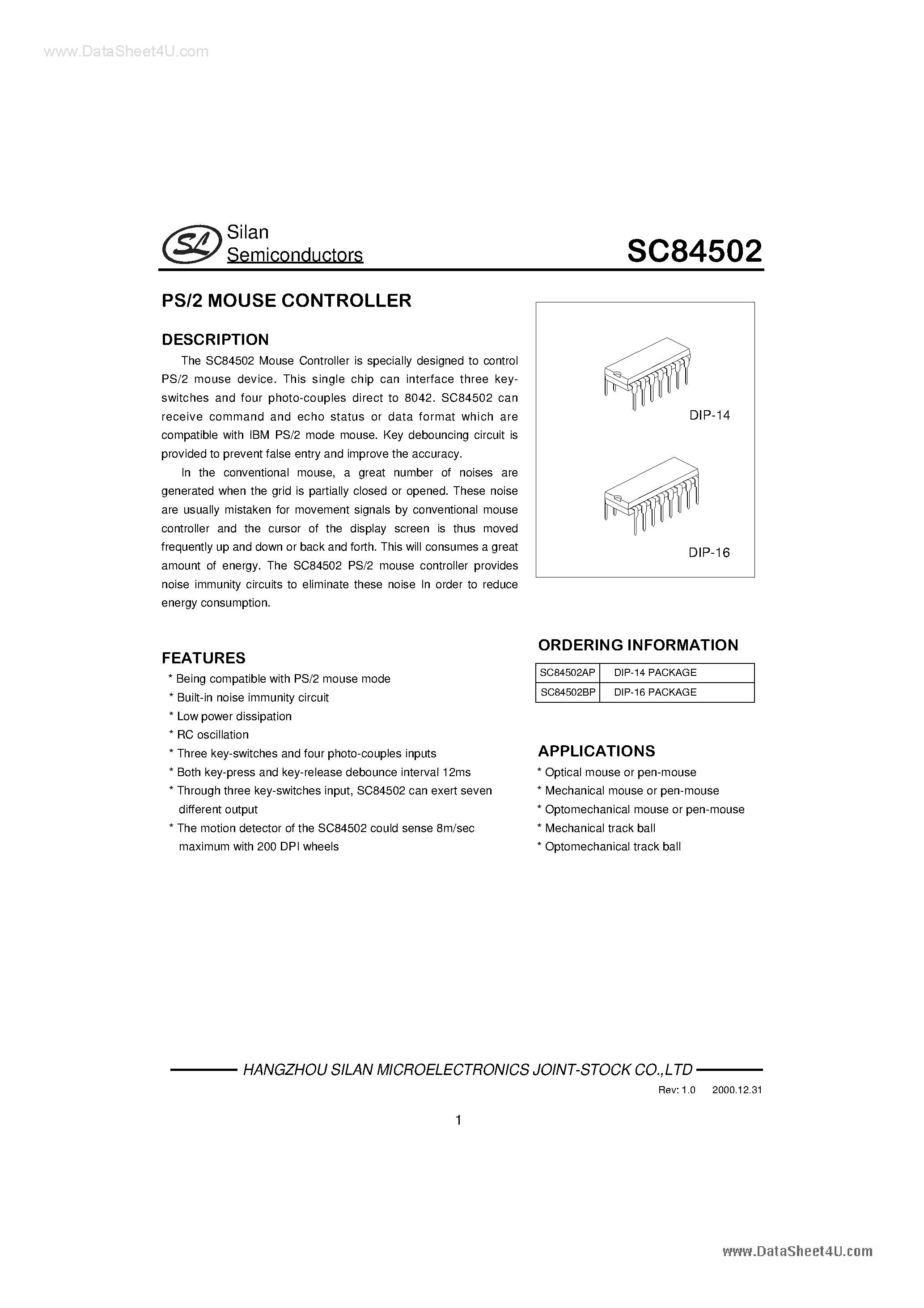 Datasheet SC84502 - PS/2 MOUSE CONTROLLER page 1