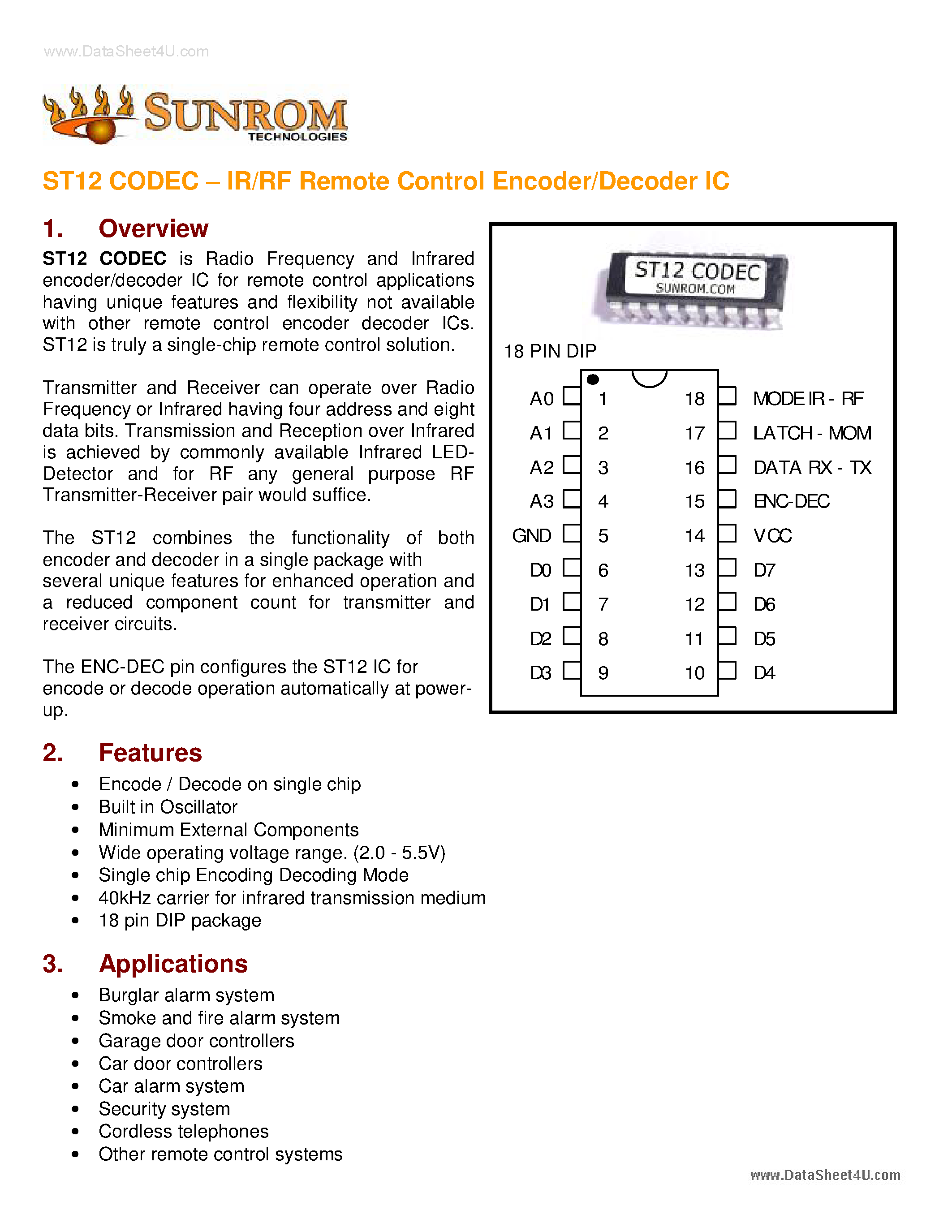 Даташит ST12 - IR/RF Remote Control Encoder/Decoder IC страница 1