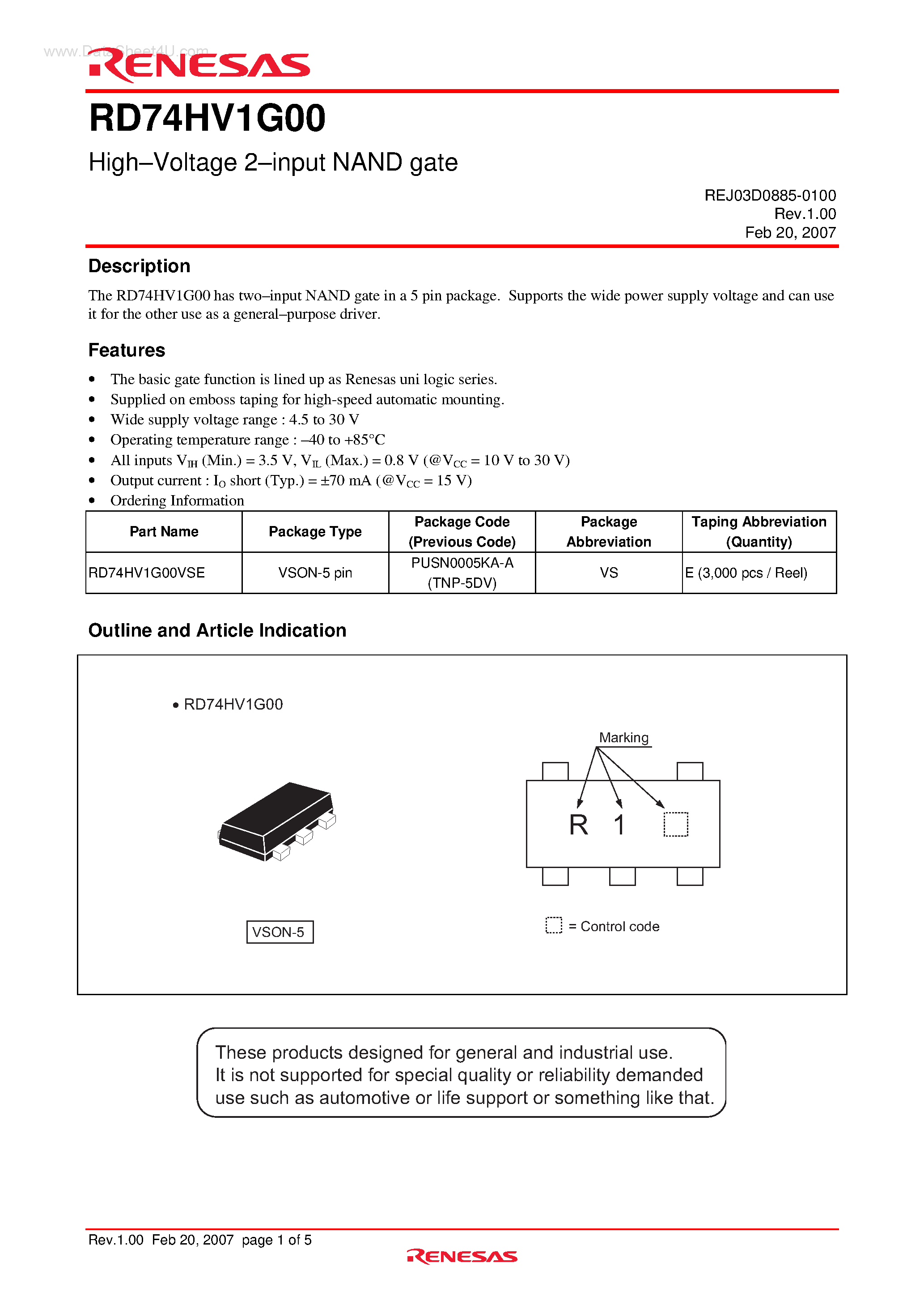 Datasheet RD74HV1G00 - High-Voltage 2-input NAND gate page 1