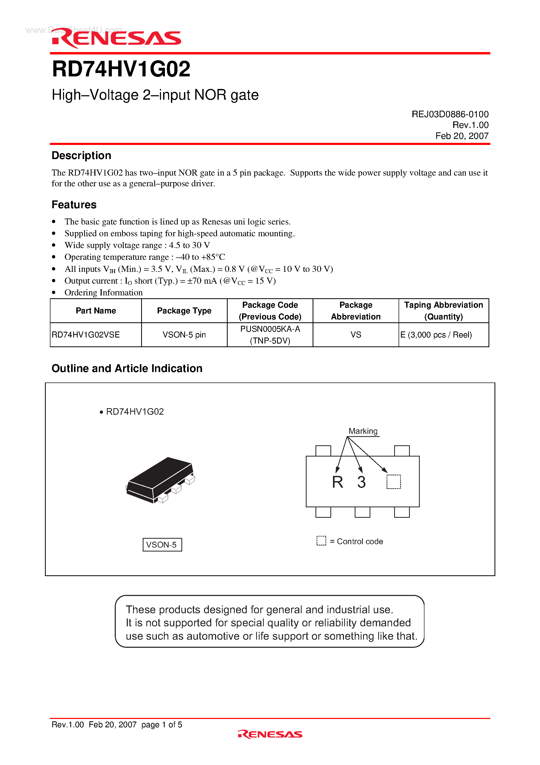 Datasheet RD74HV1G02 - High-Voltage 2-input NOR gate page 1