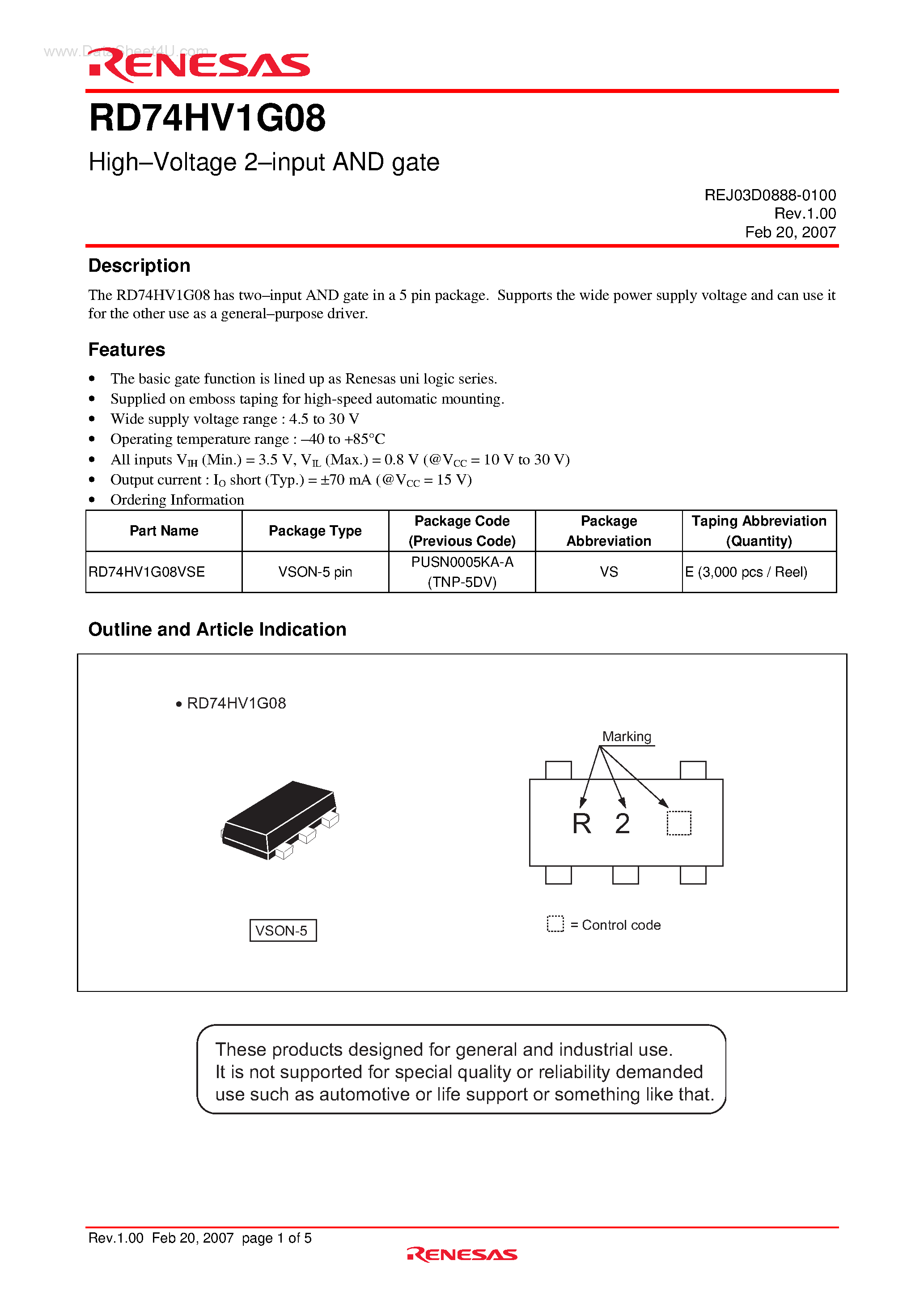 Datasheet RD74HV1G08 - High-Voltage 2-input AND gate page 1