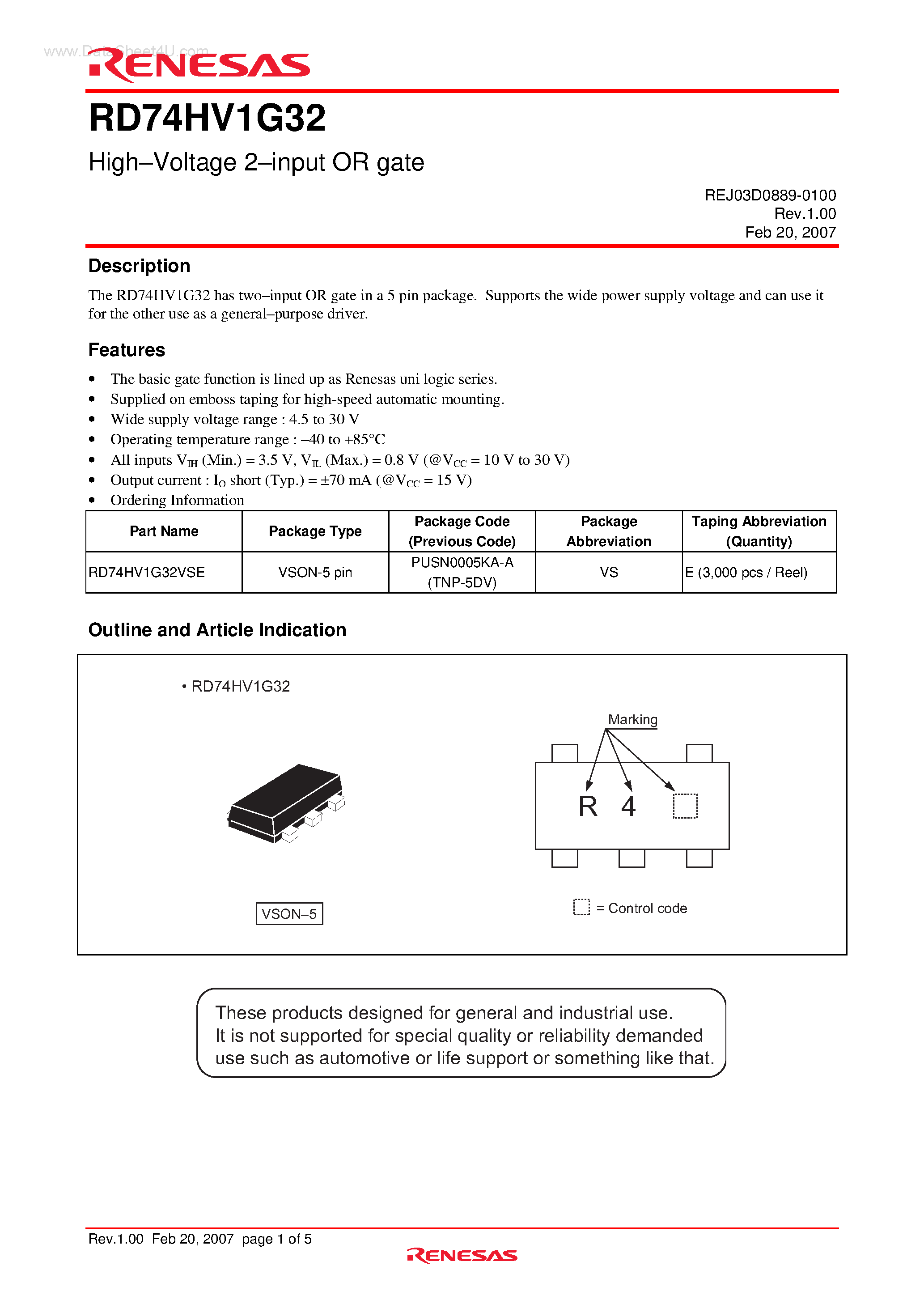 Datasheet RD74HV1G32 - High-Voltage 2-input OR gate page 1