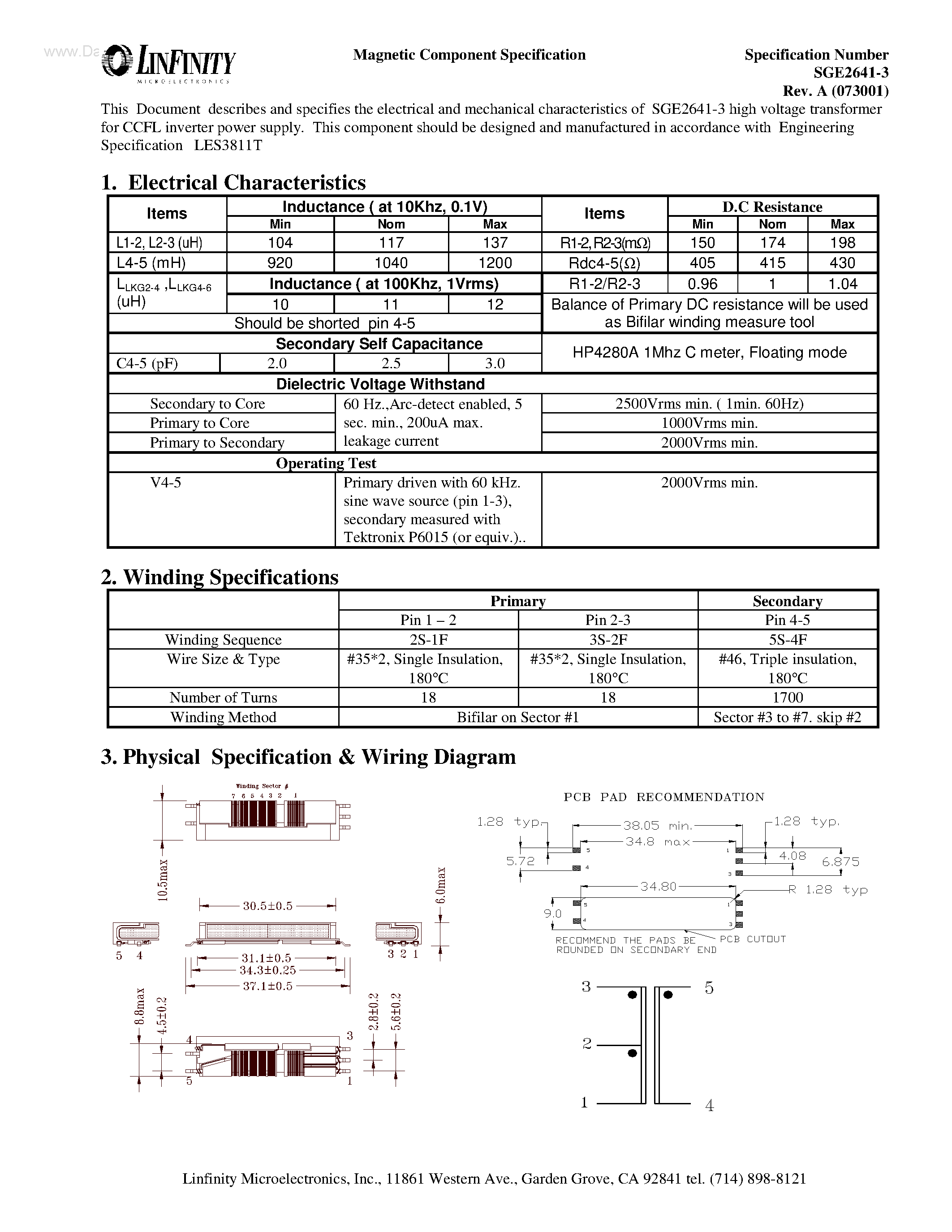 Datasheet SGE2641-3 - Transformer page 1