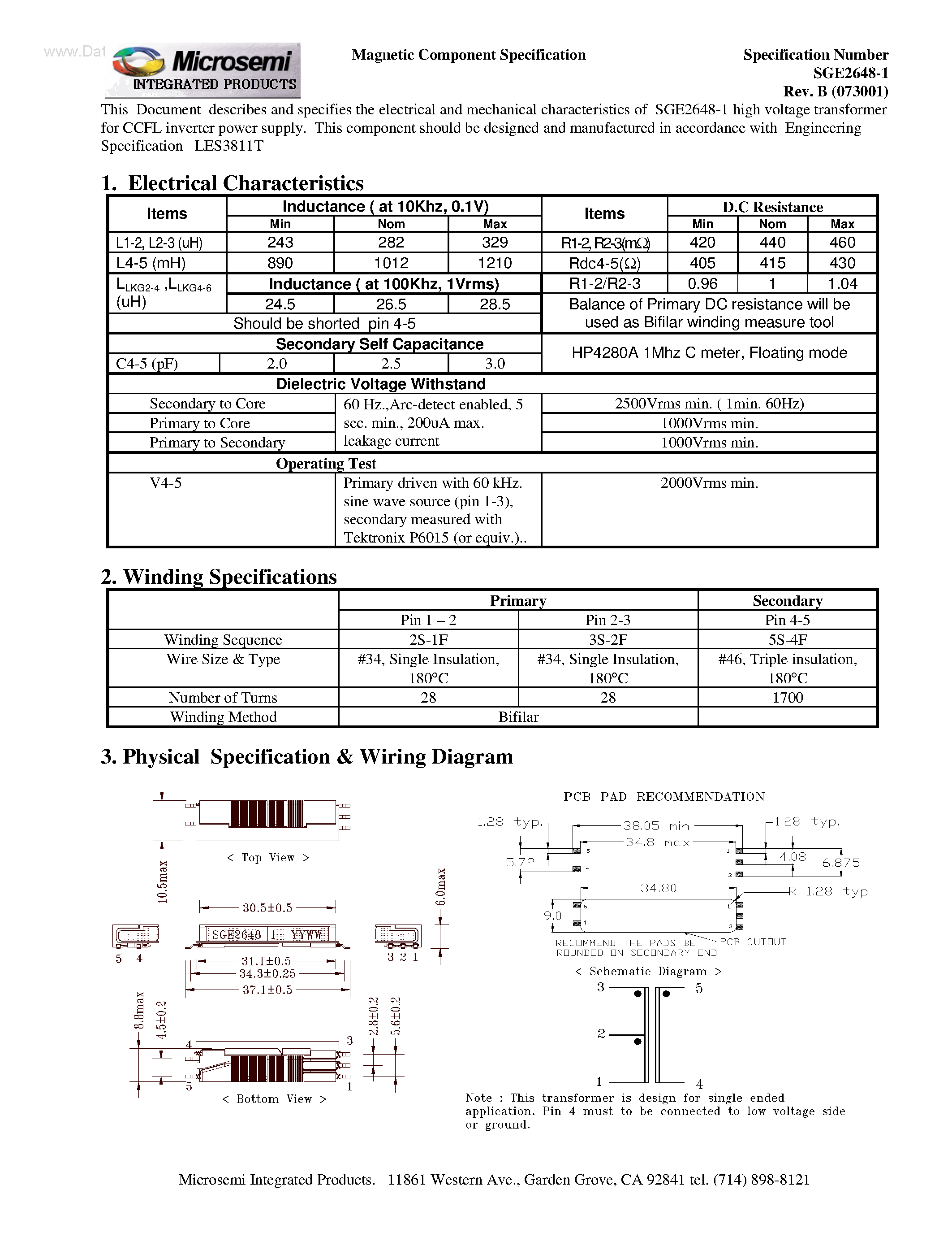 Datasheet SGE2648-1 - Transformer page 1