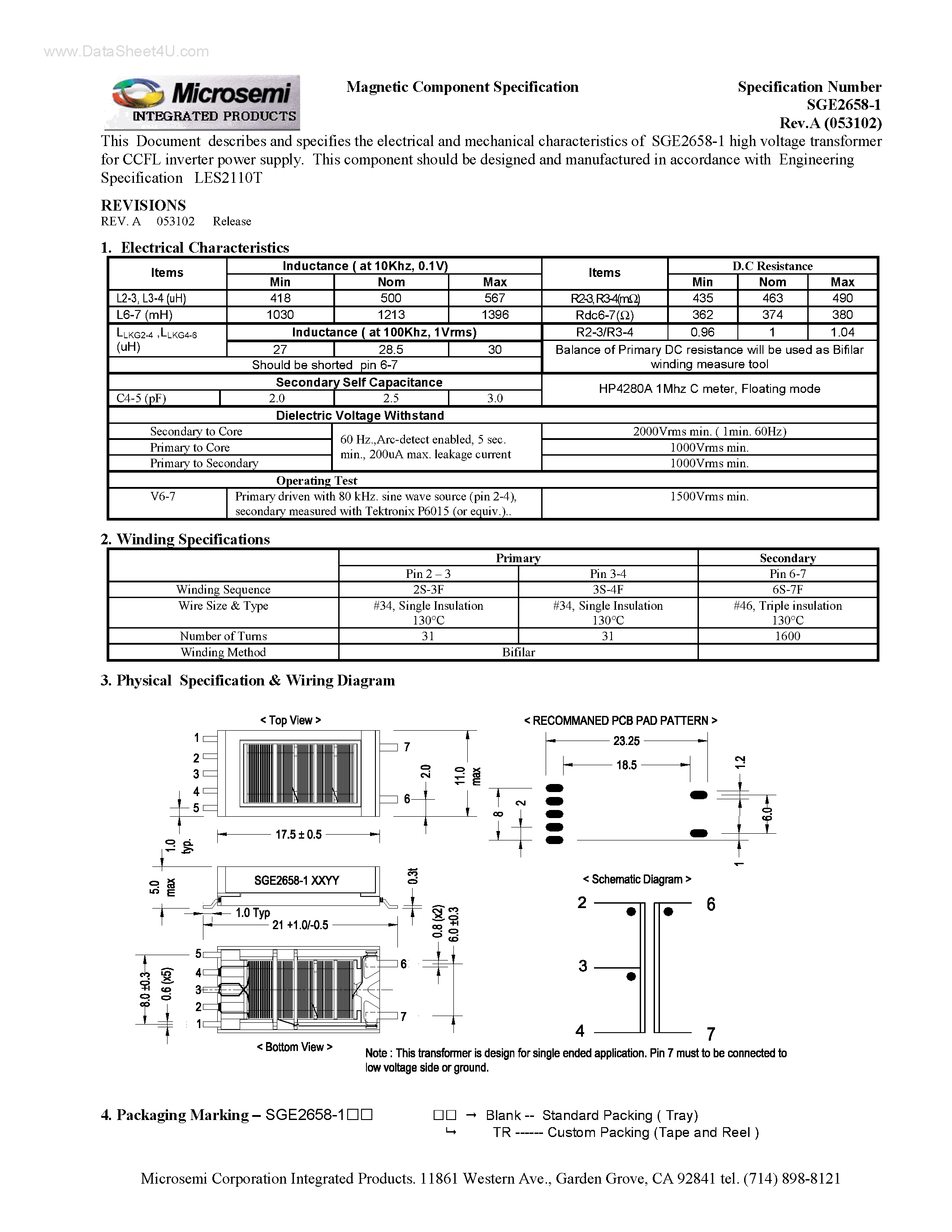 Datasheet SGE2658-1 - Transformer page 1