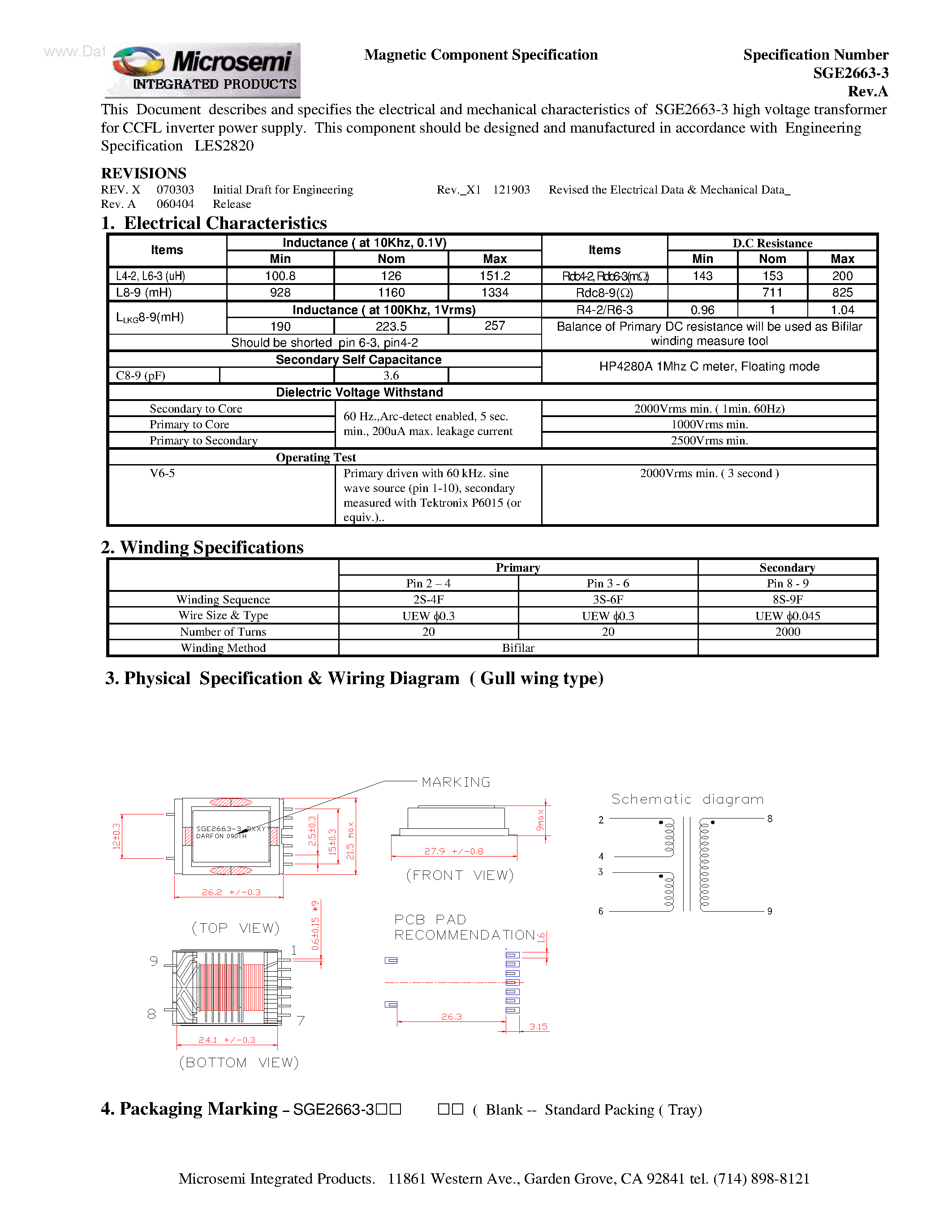 Datasheet SGE2663-3 - Transformer page 1