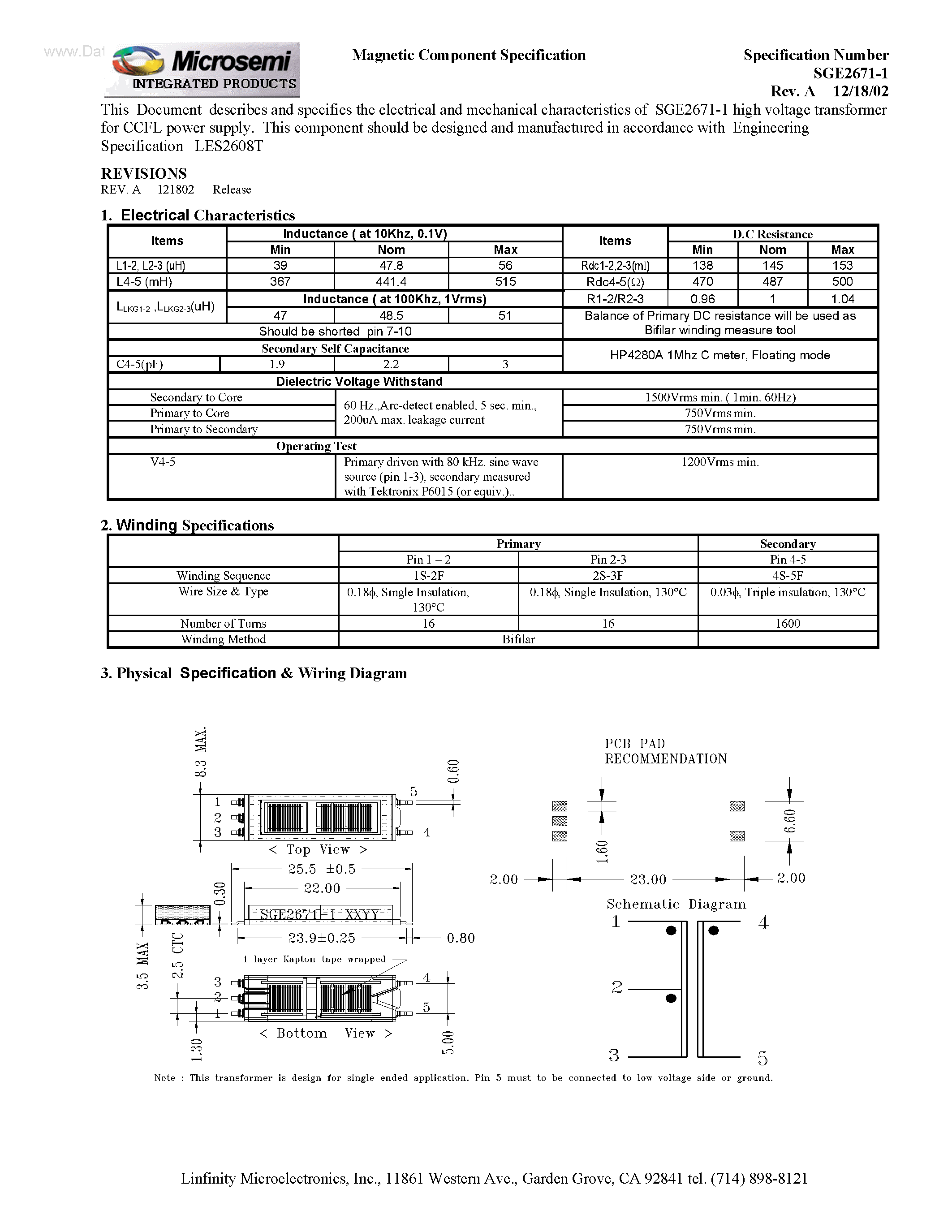 Datasheet SGE2671-1 - Transformer page 1