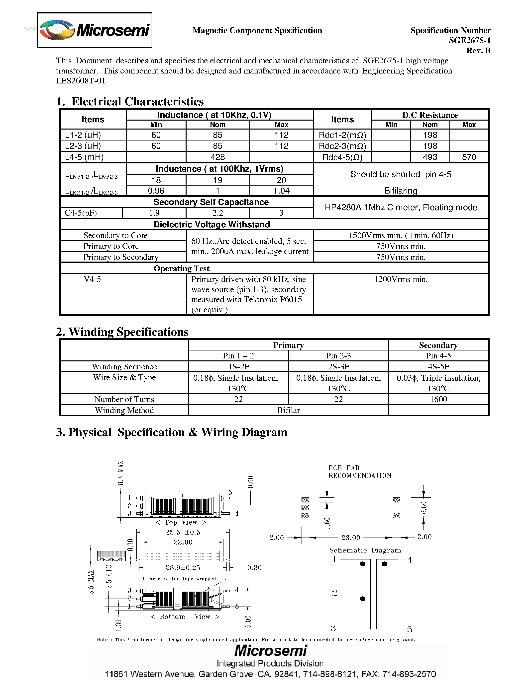 Datasheet SGE2675-1 - Transformer page 1
