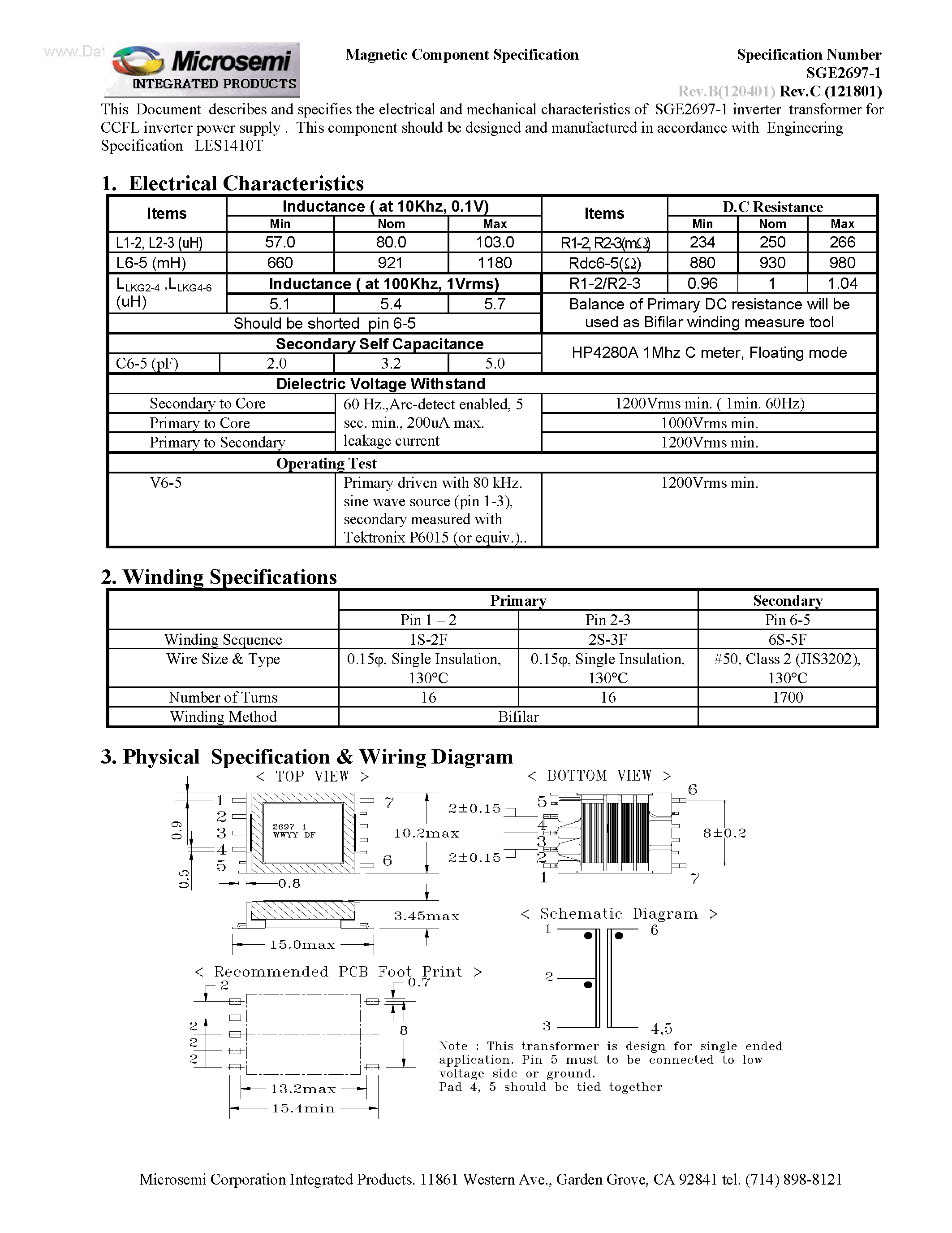 Datasheet SGE2697-1 - Transformer page 1
