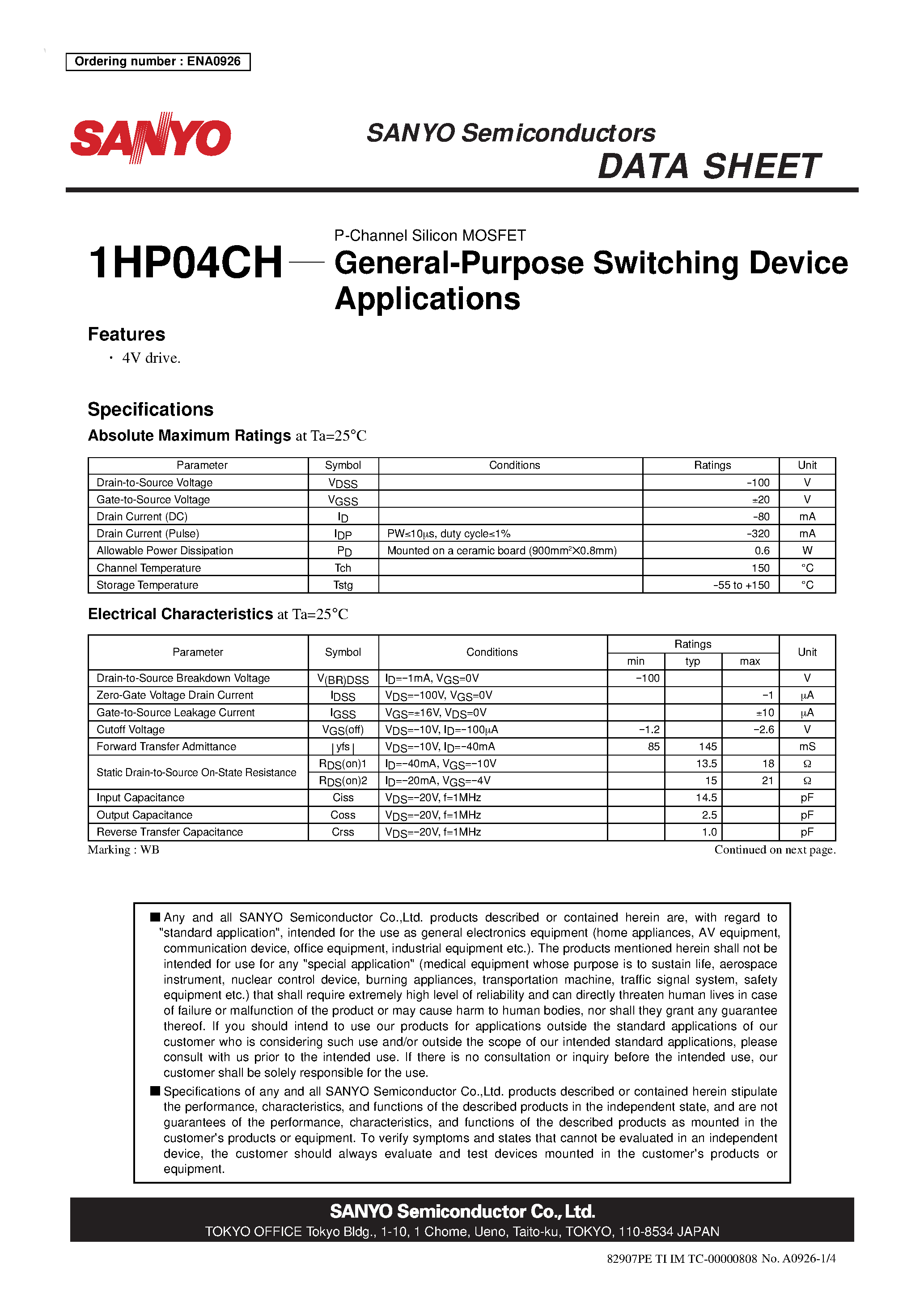 Datasheet 1HP04CH - P-Channel Silicon MOSFET General-Purpose Switching Device page 1
