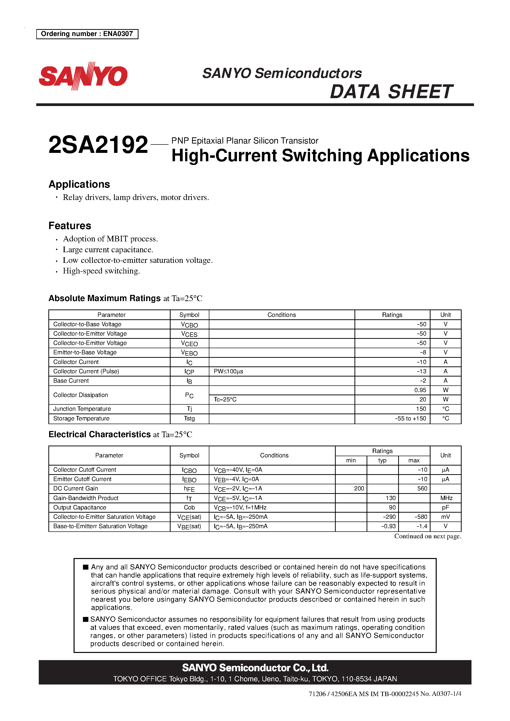 Datasheet 2SA2192 - PNP Epitaxial Planar Silicon Transistor High-Current Switching Applications page 1