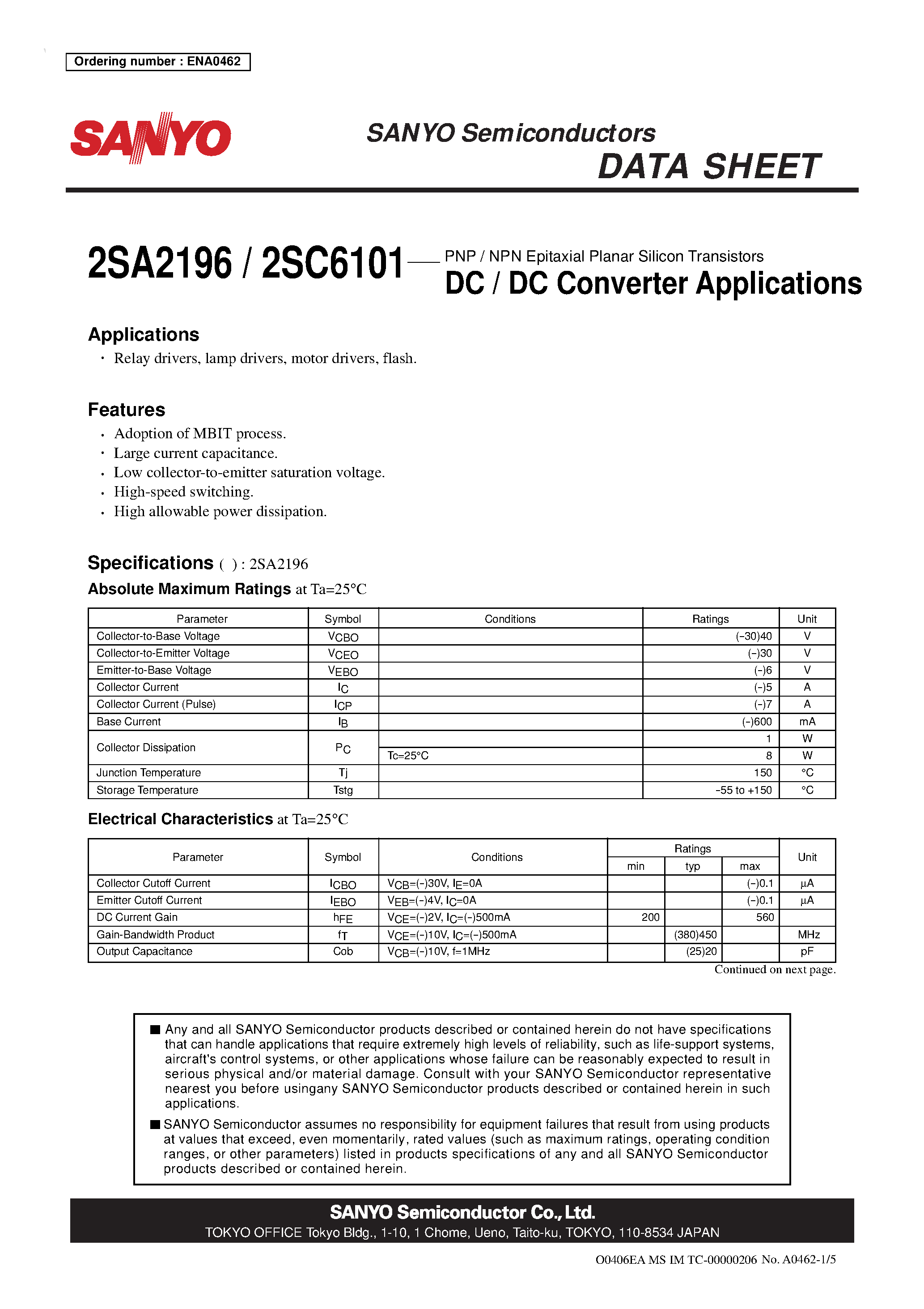 Даташит 2SC6101 - PNP / NPN Epitaxial Planar Silicon Transistors DC / DC Converter Applications страница 1