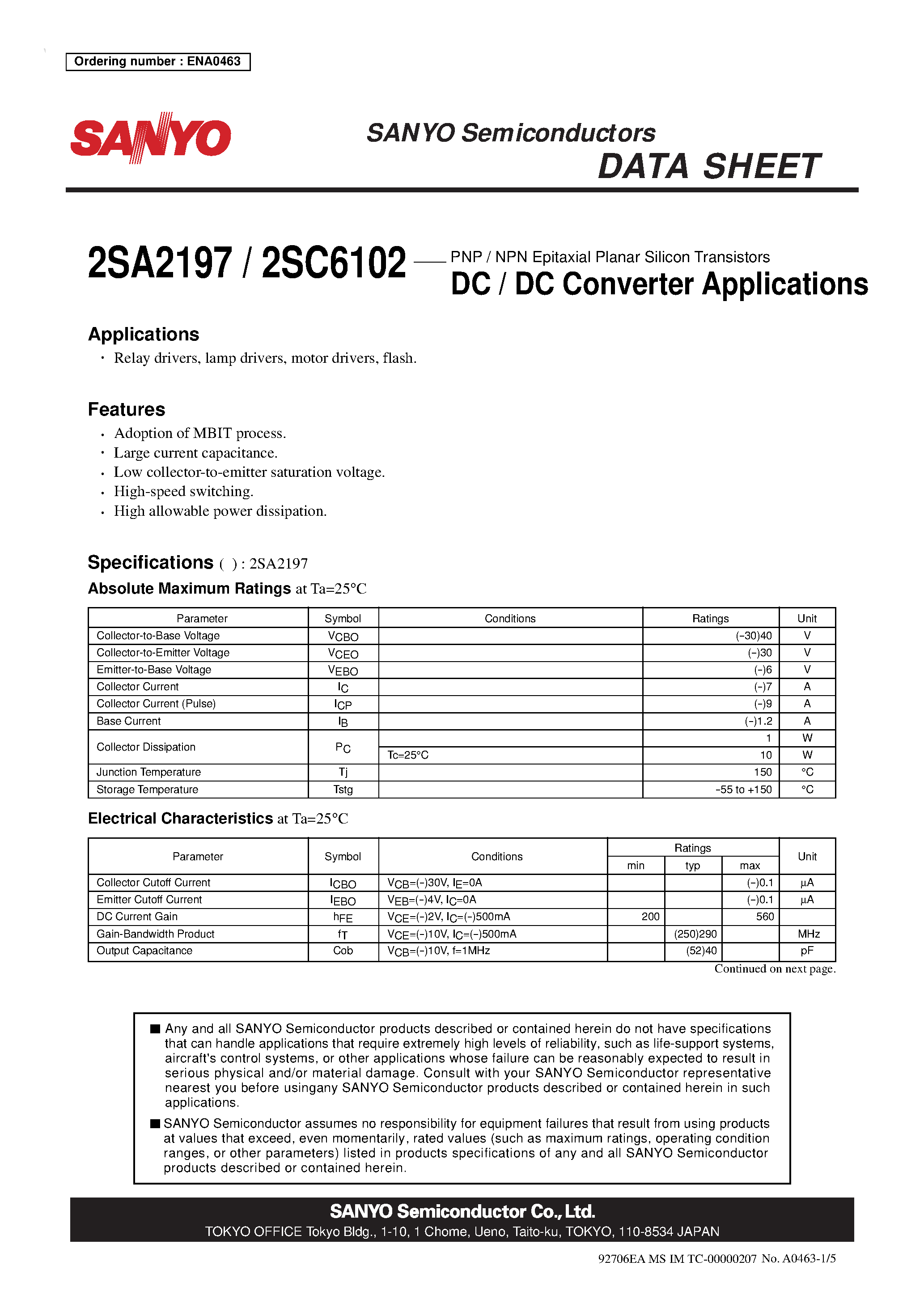 Datasheet 2SA2197 - PNP / NPN Epitaxial Planar Silicon Transistors DC / DC Converter Applications page 1