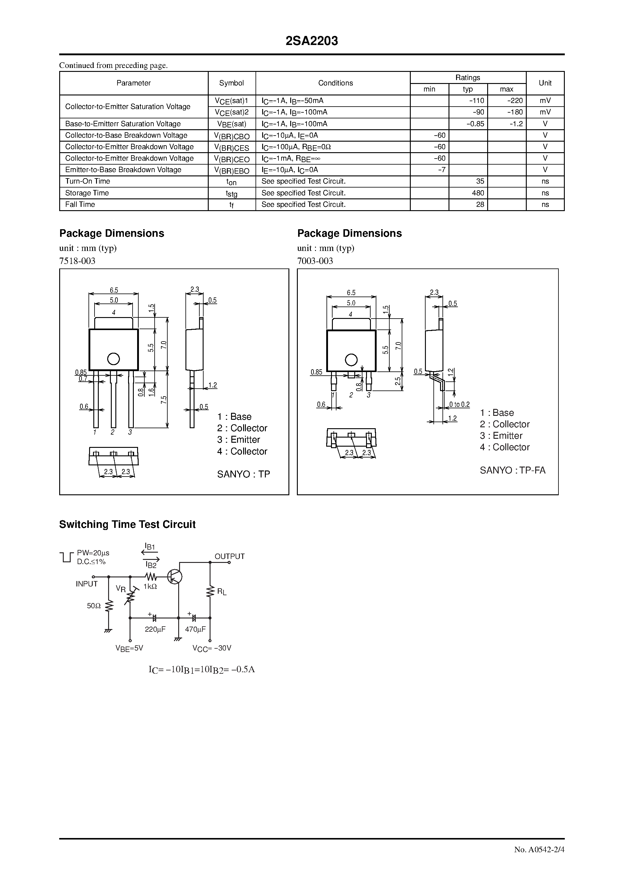 Datasheet 2SA2203 - PNP Epitaxial Planar Silicon Transistor page 2