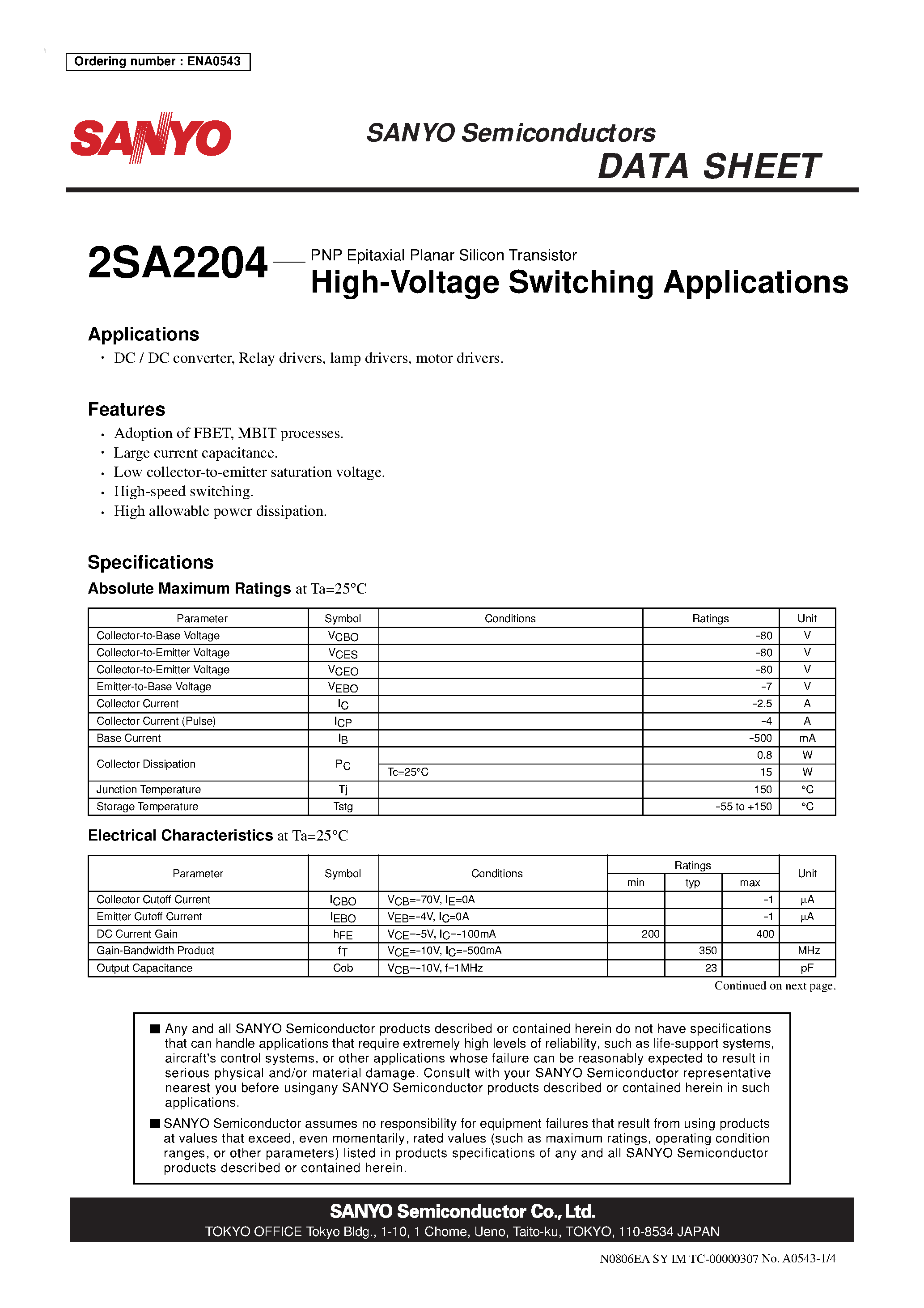 Datasheet 2SA2204 page 1 Datasheet 2SA2204 - PNP Epitaxial Planar Silicon Transistor page 1