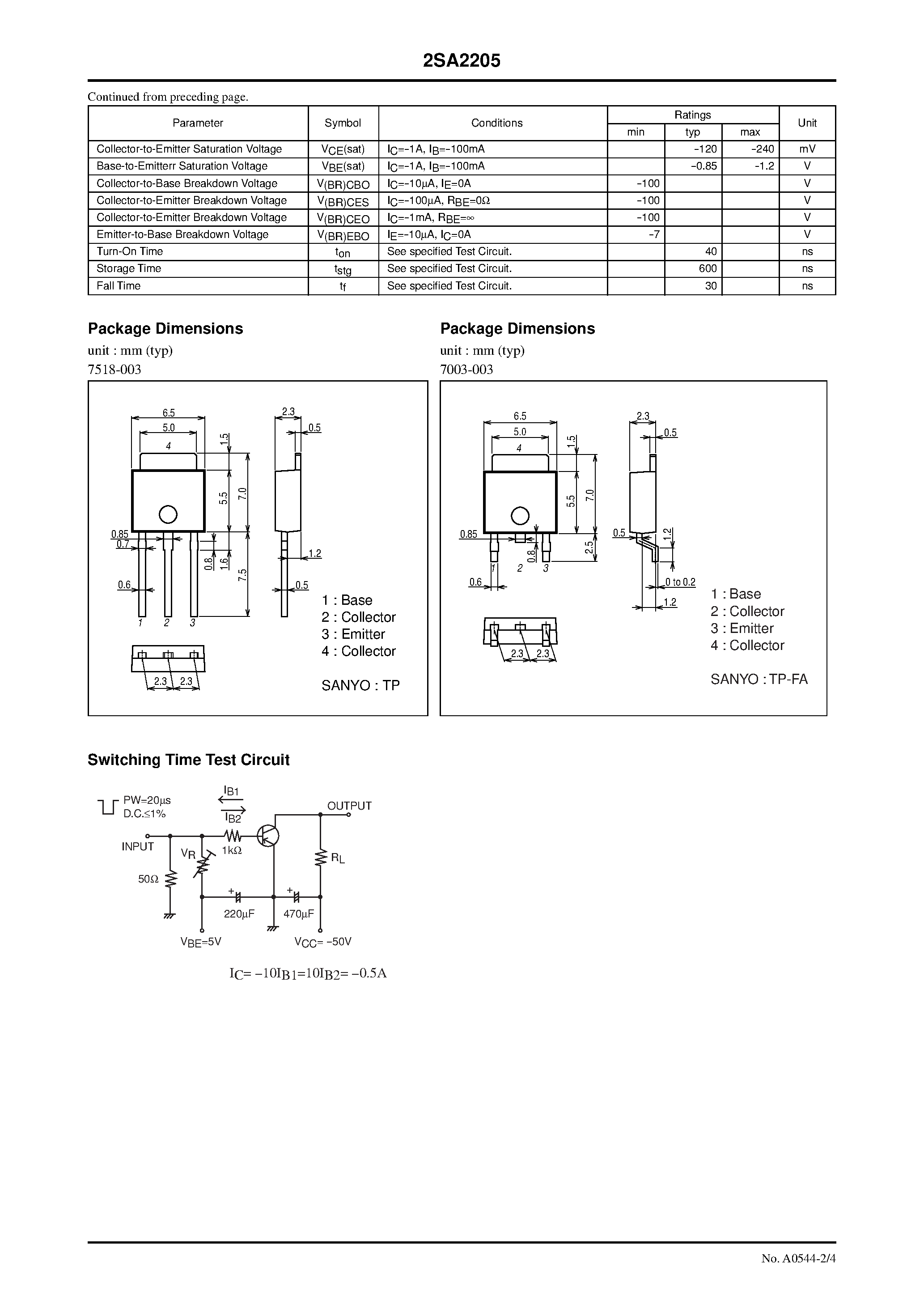 Datasheet 2SA2205 page 2 Datasheet 2SA2205 - PNP Epitaxial Planar Silicon Transistor page 2
