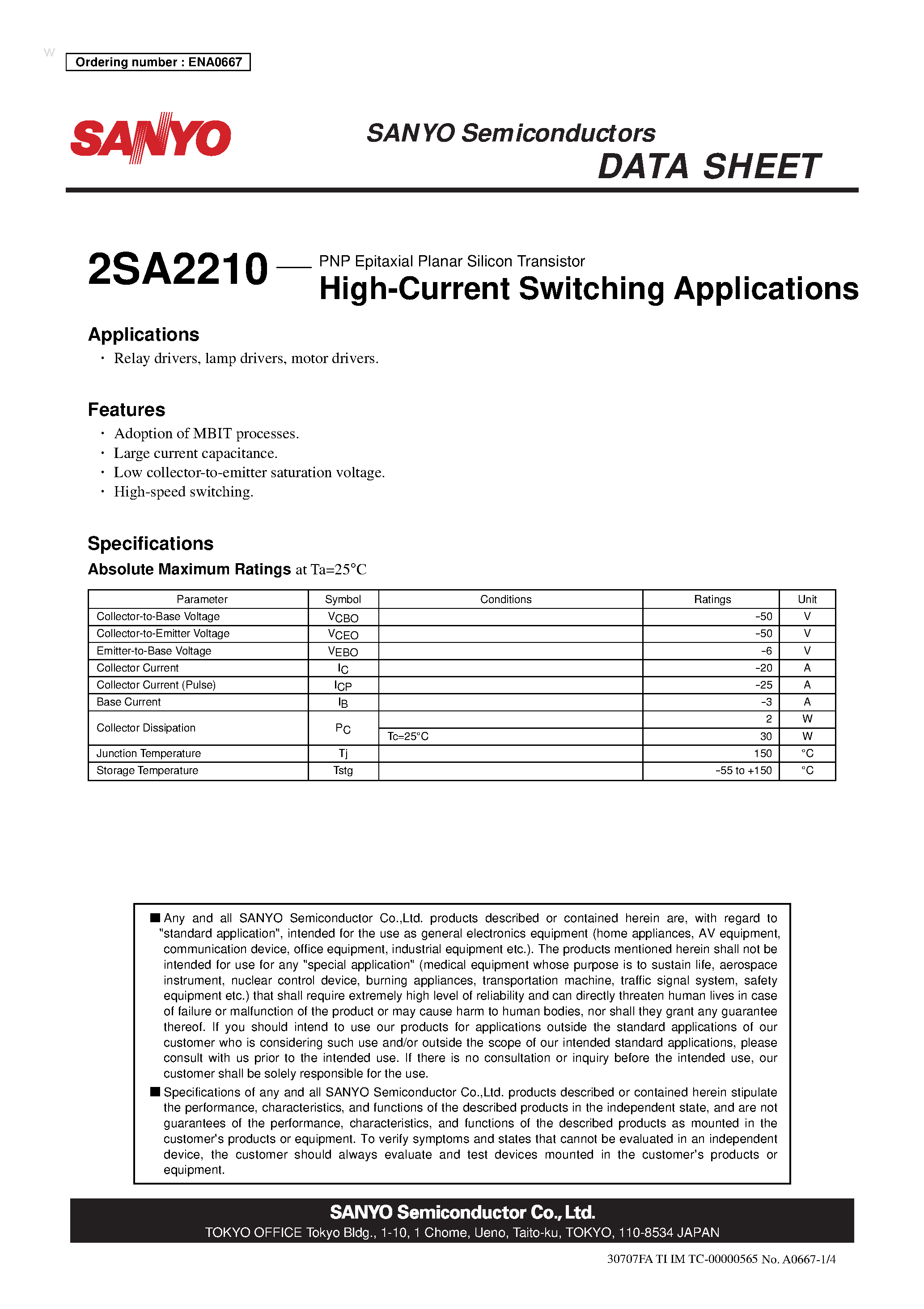 Datasheet 2SA2210 page 1 Datasheet 2SA2210 - PNP Epitaxial Planar Silicon Transistor page 1