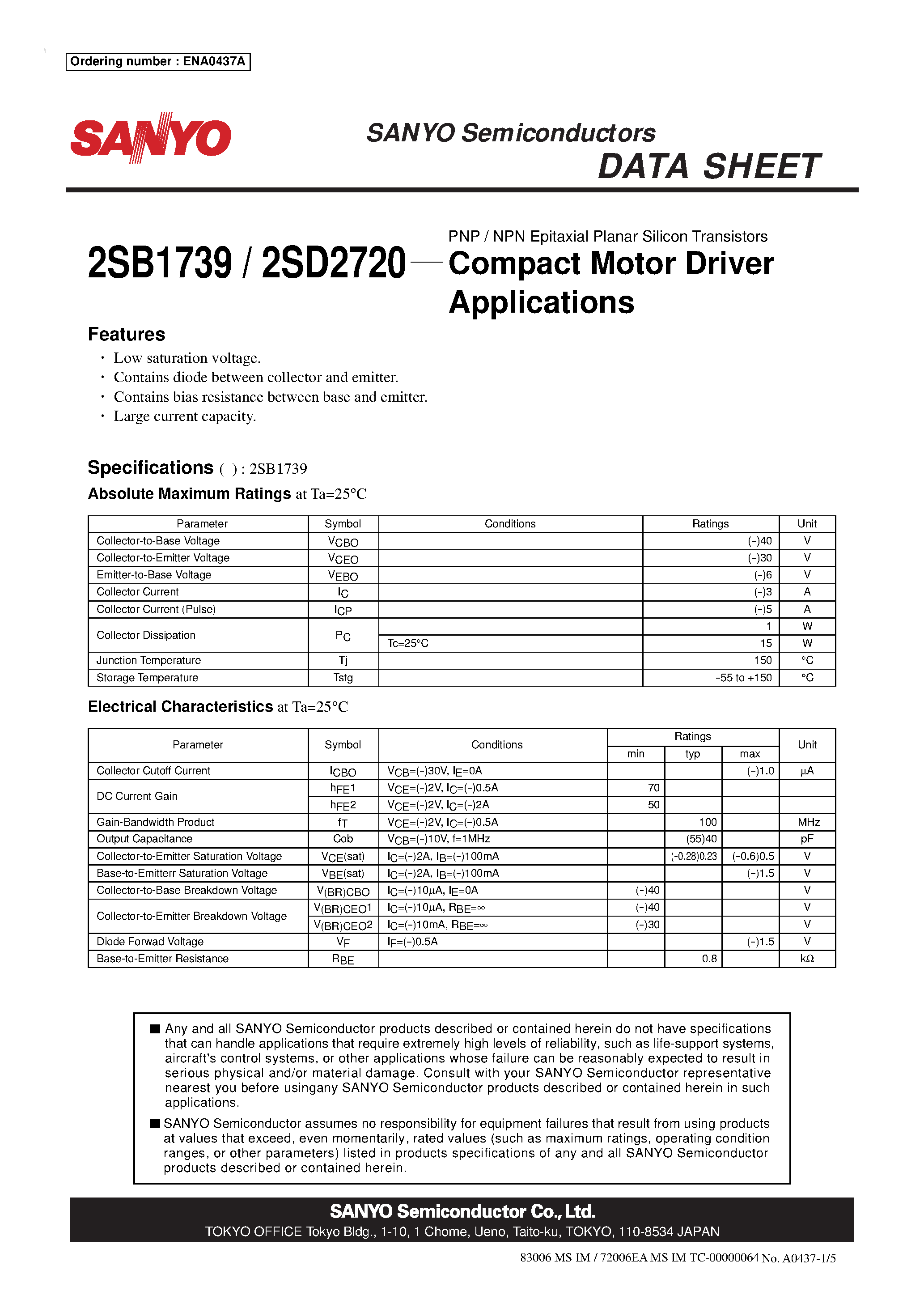 Даташит 2SB1739 - / NPN Epitaxial Planar Silicon Transistors страница 1