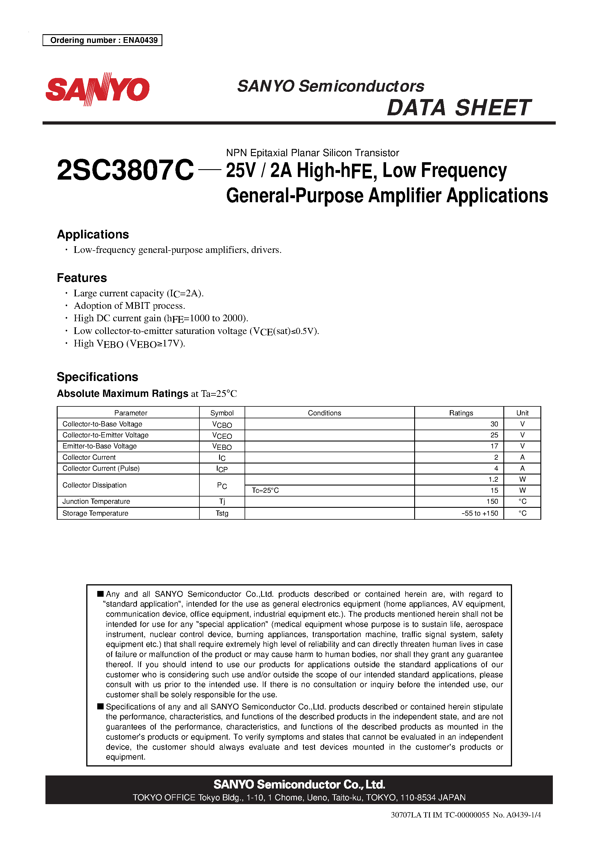 Datasheet 2SC3807C page 1 Datasheet 2SC3807C - NPN Epitaxial Planar Silicon Transistor page 1
