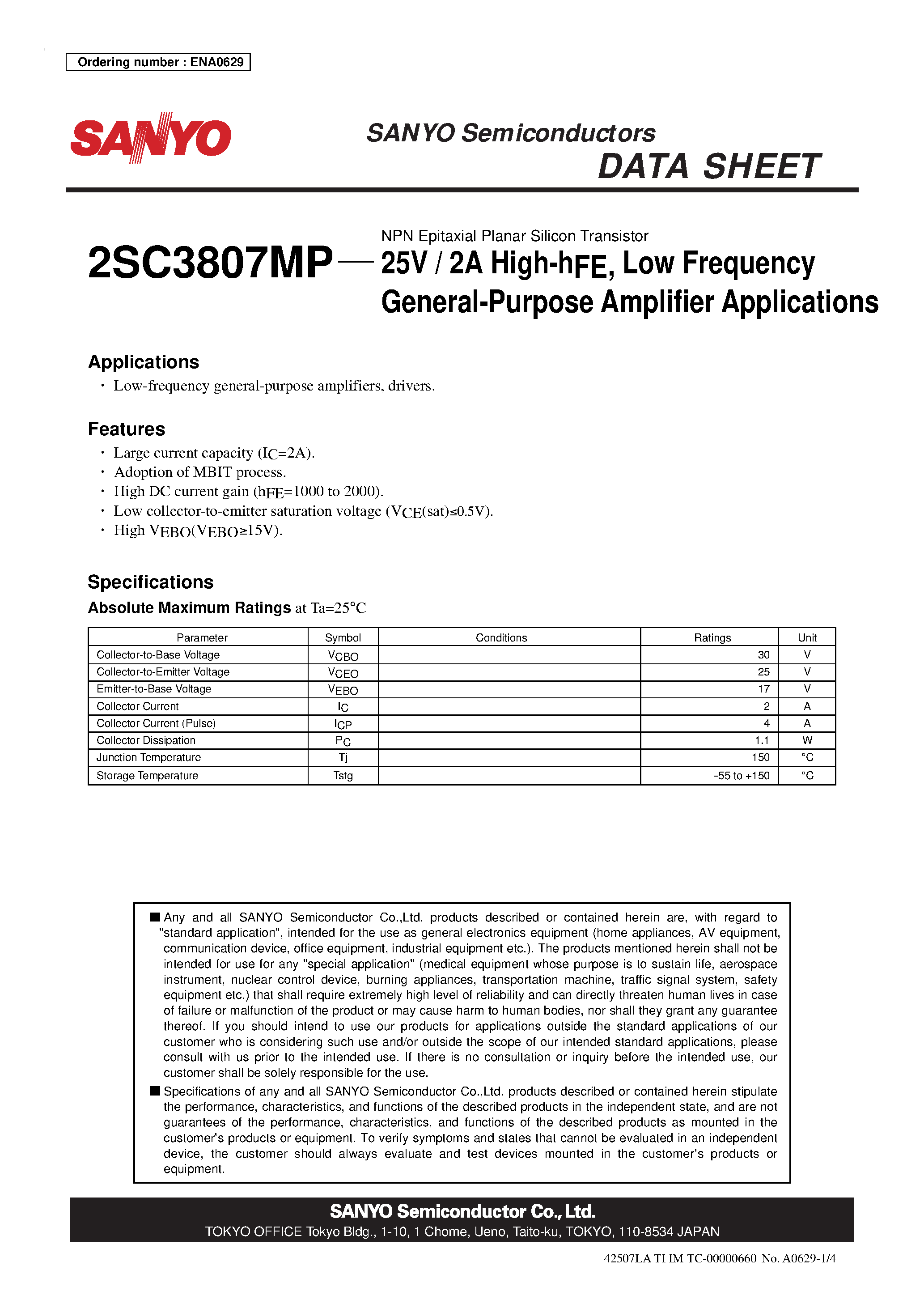 Datasheet 2SC3807MP - NPN Epitaxial Planar Silicon Transistor page 1
