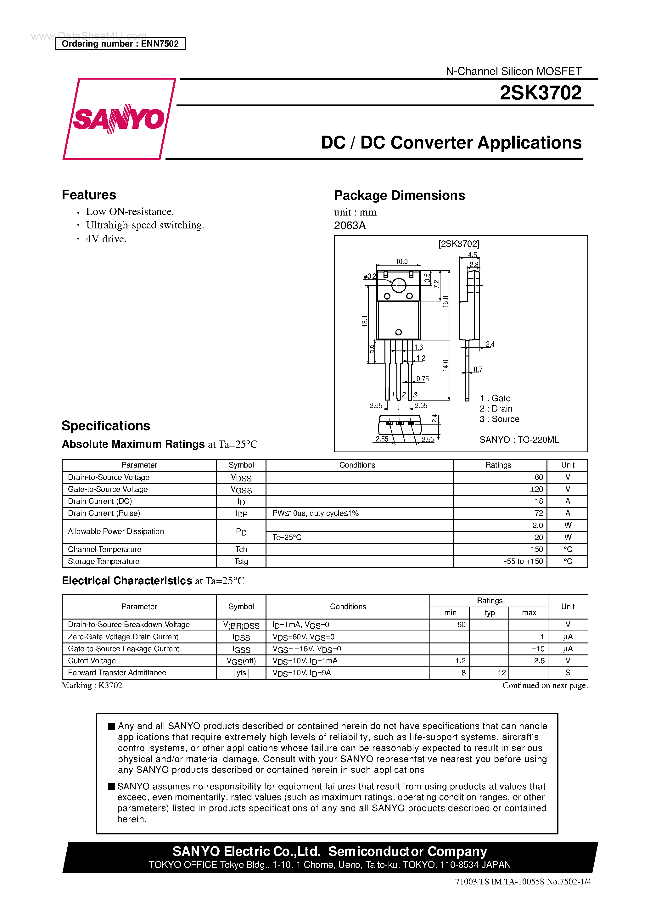 Datasheet 2SK3702 - DC / DC Converter Applications page 1