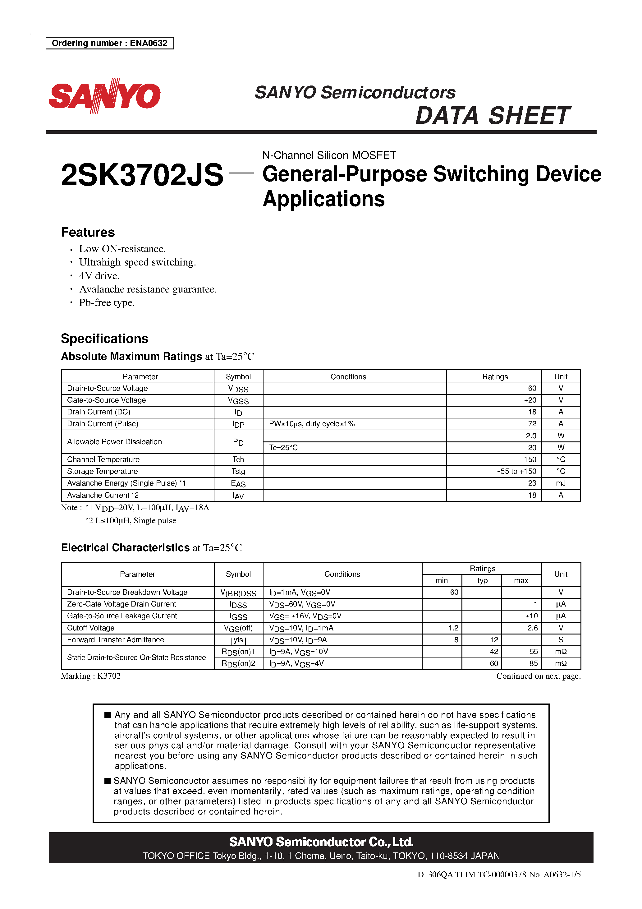 Datasheet 2SK3702JS - N-Channel Silicon MOSFET page 1