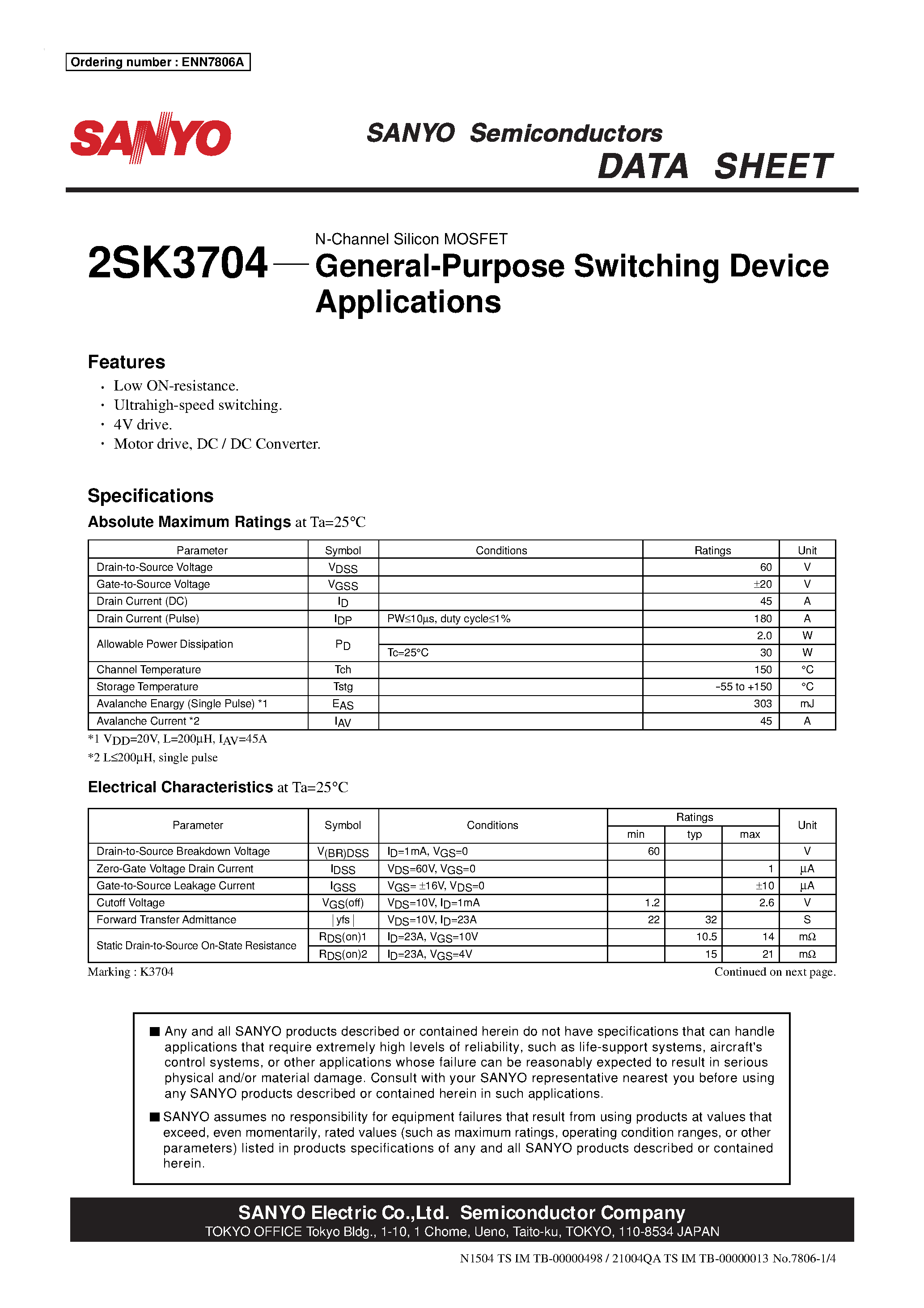Datasheet 2SK3704 - General-Purpose Switching Device Applications page 1