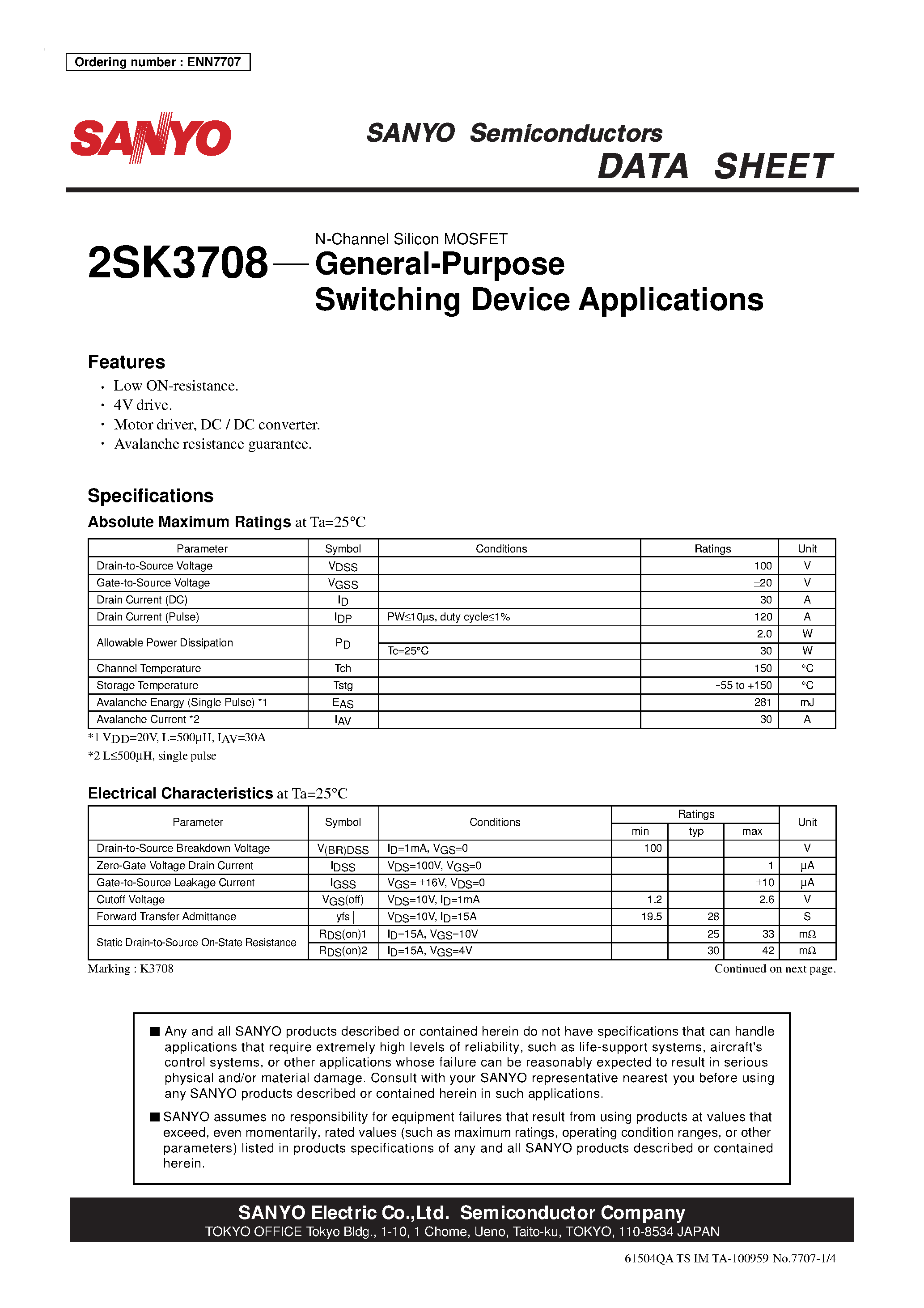 Datasheet 2SK3708 - General-Purpose Switching Device Applications page 1