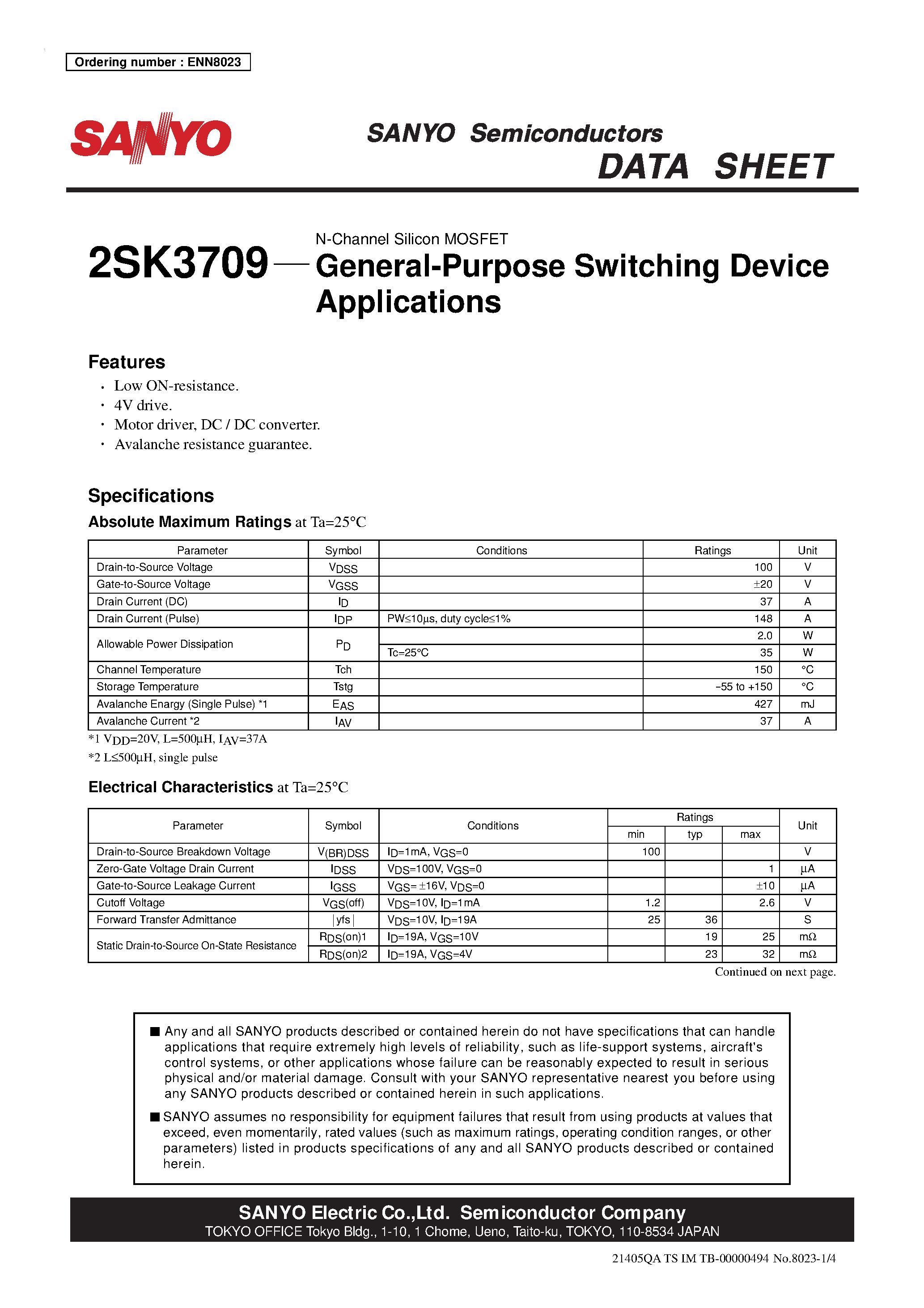 Datasheet 2SK3709 - General-Purpose Switching Device Applications page 1