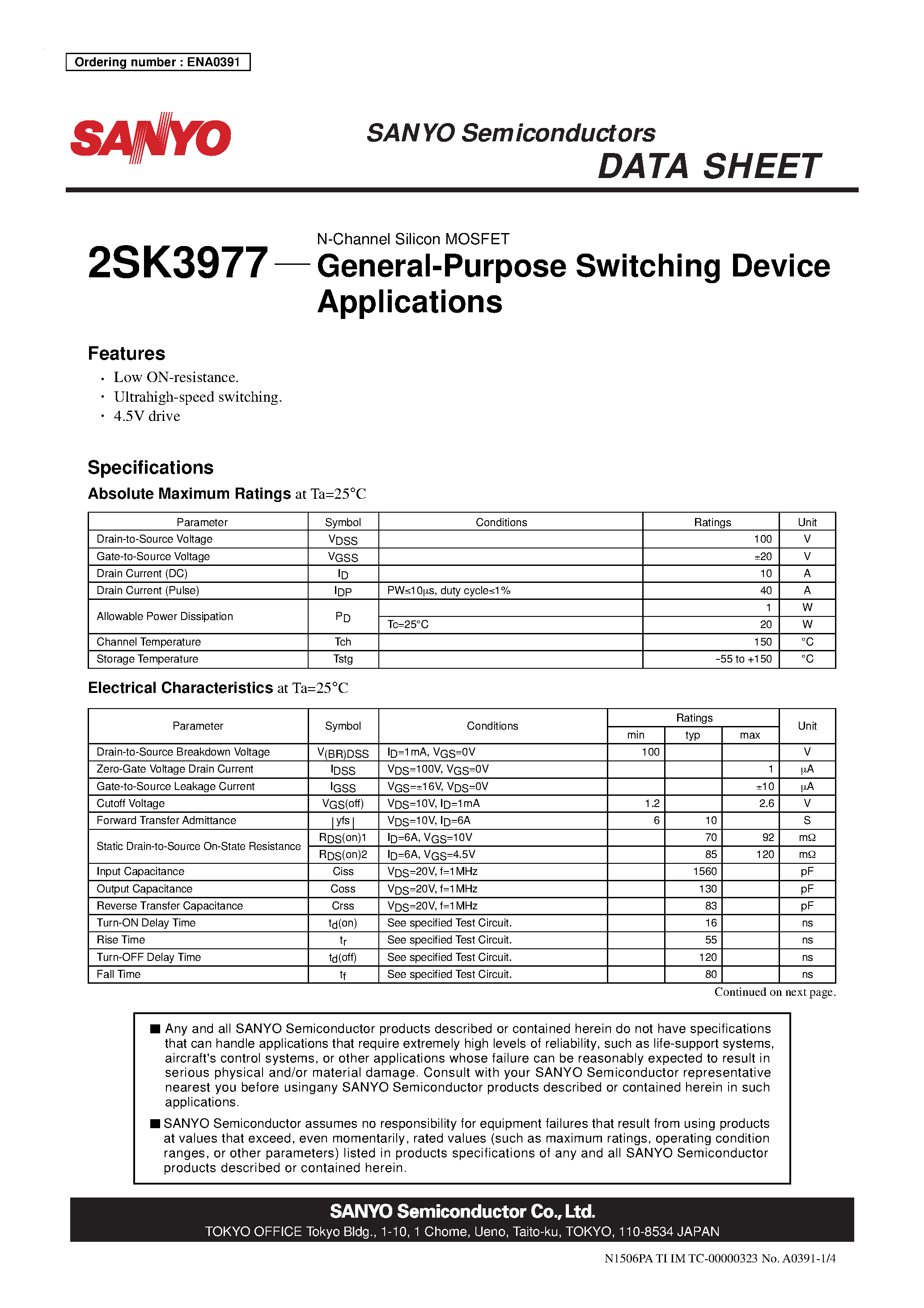 Datasheet 2SK3977 - N-Channel Silicon MOSFET page 1