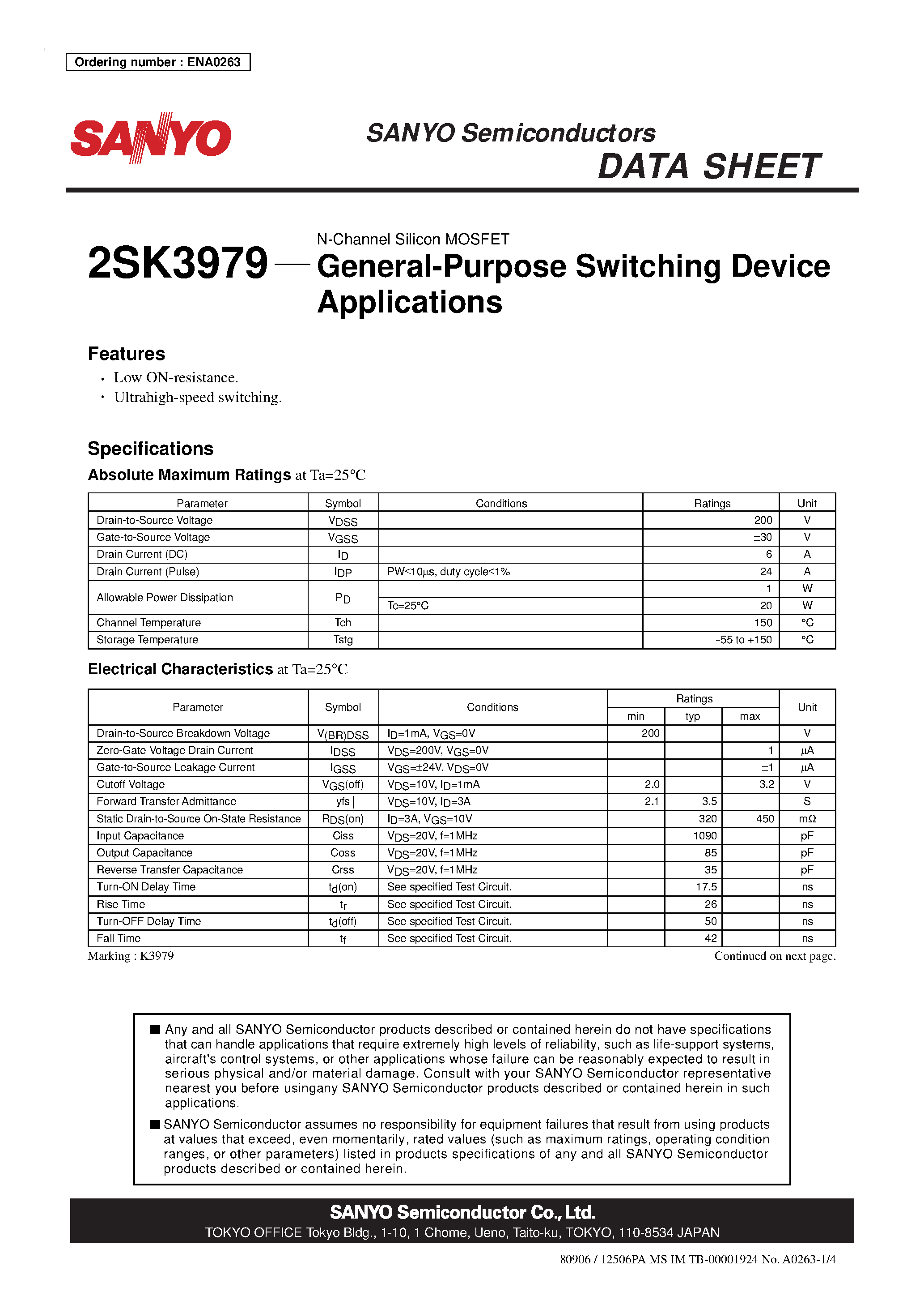 Datasheet 2SK3979 - N-Channel Silicon MOSFET page 1