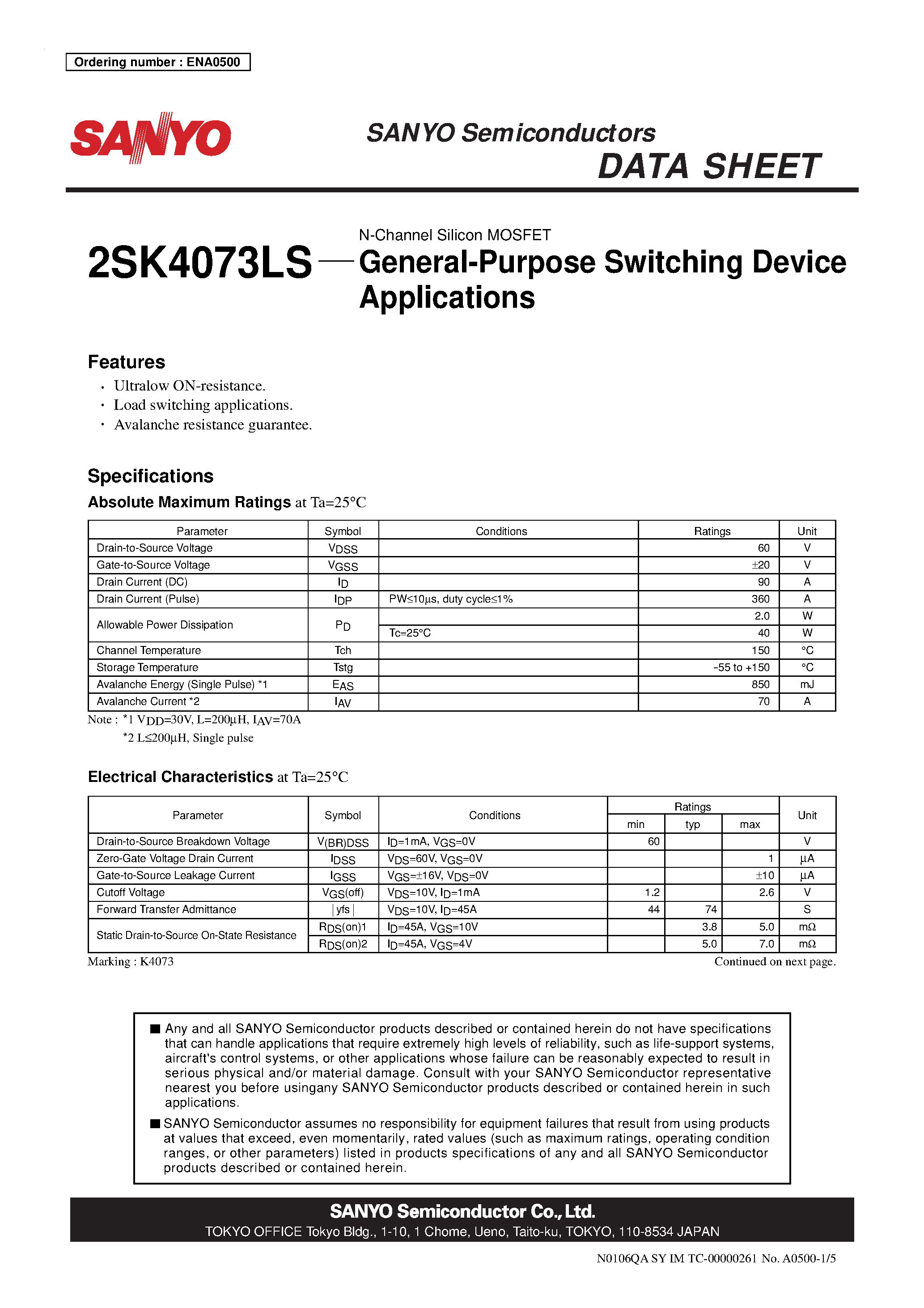 Datasheet 2SK4073LS - N-Channel Silicon MOSFET page 1