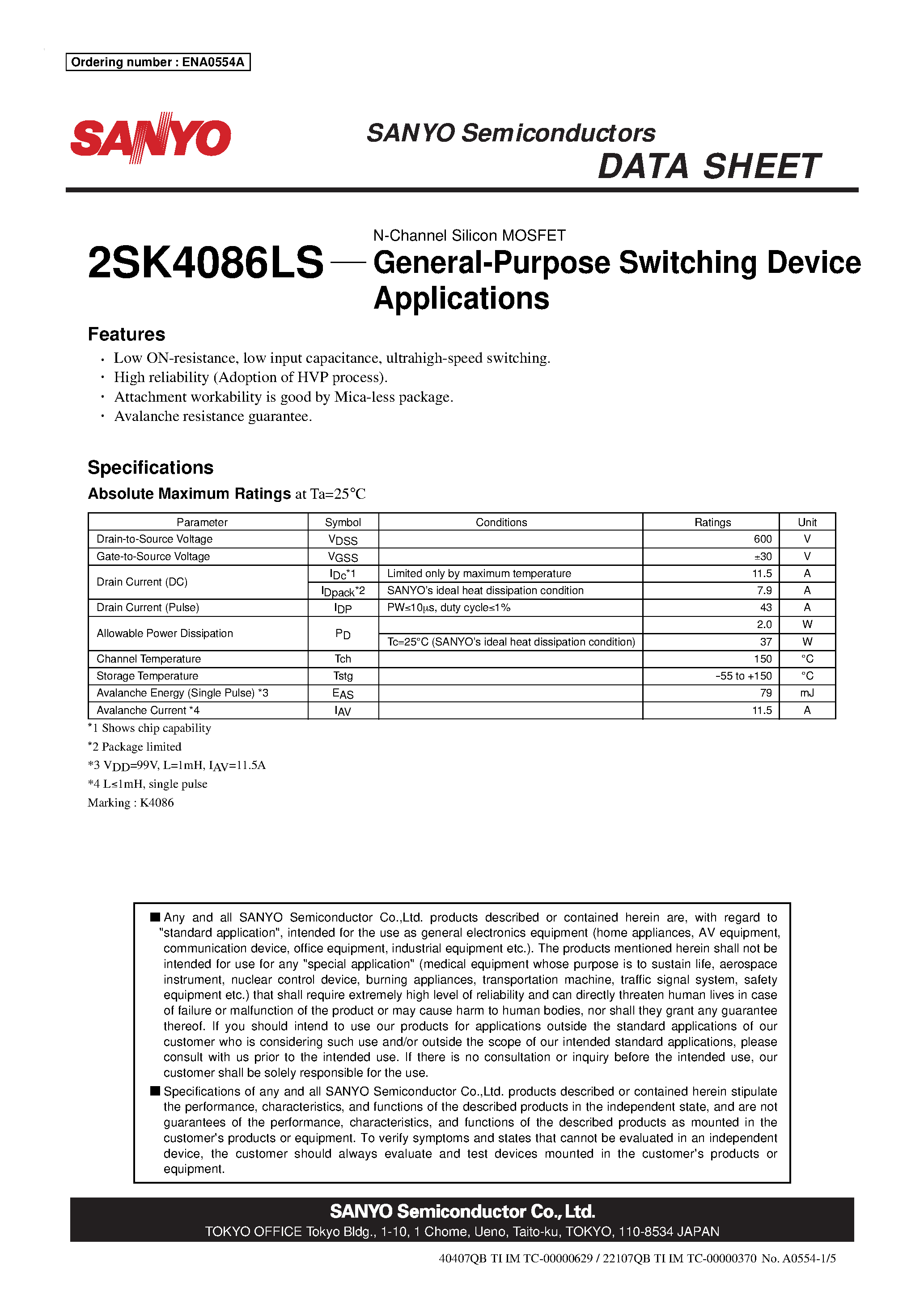 Datasheet 2SK4086LS - N-Channel Silicon MOSFET page 1