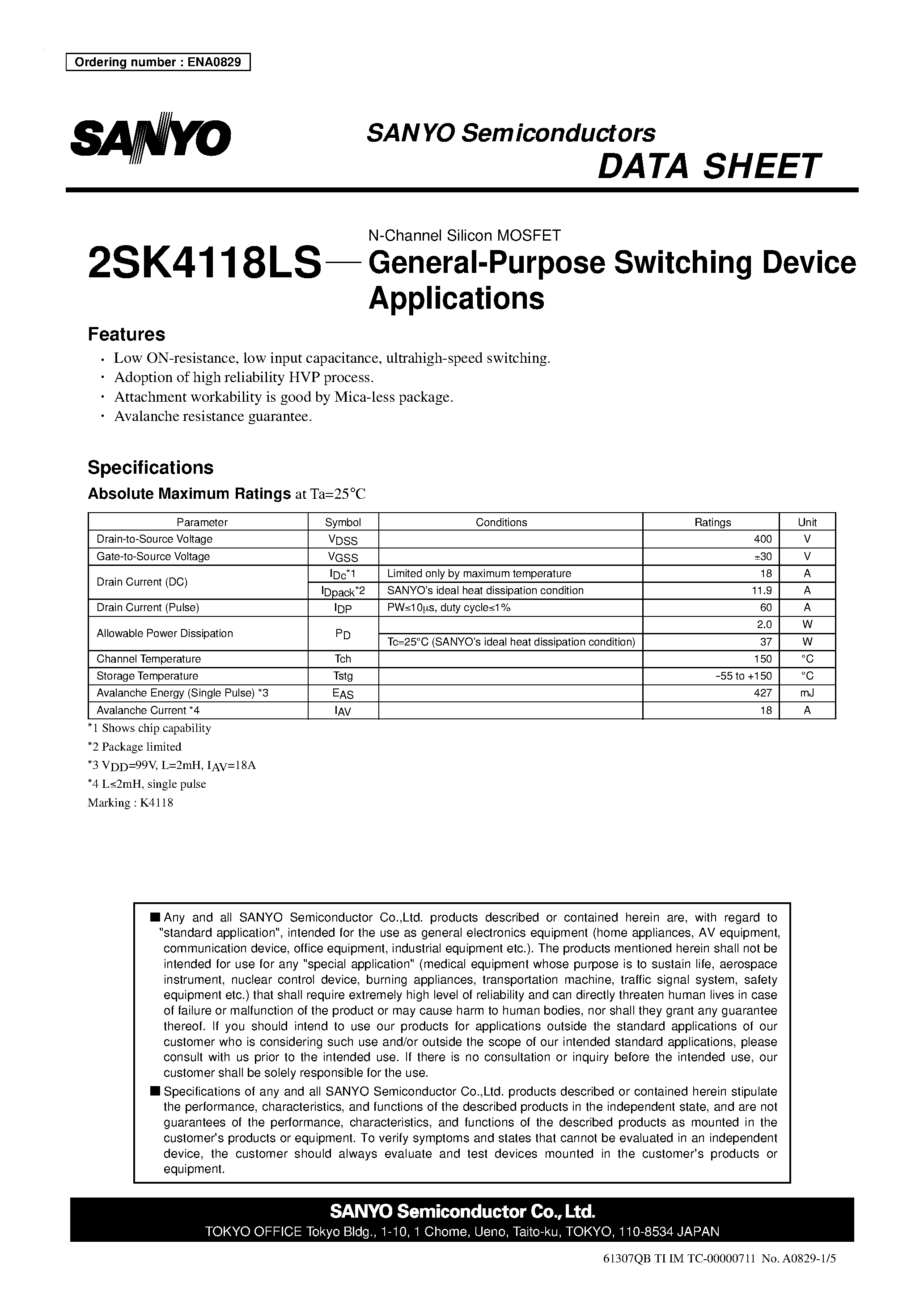 Datasheet 2SK4118LS - N-Channel Silicon MOSFET page 1