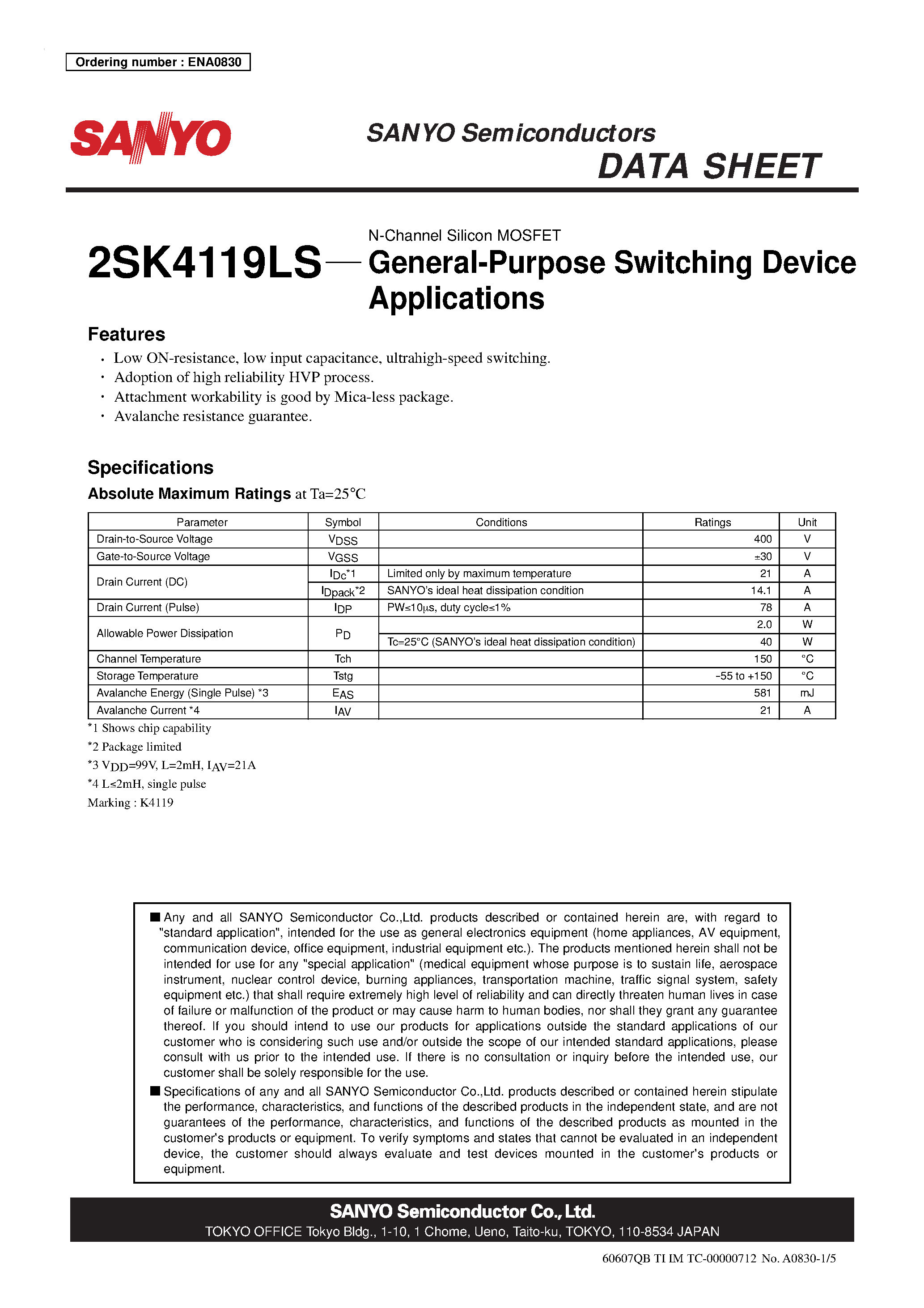 Datasheet 2SK4119LS - N-Channel Silicon MOSFET page 1