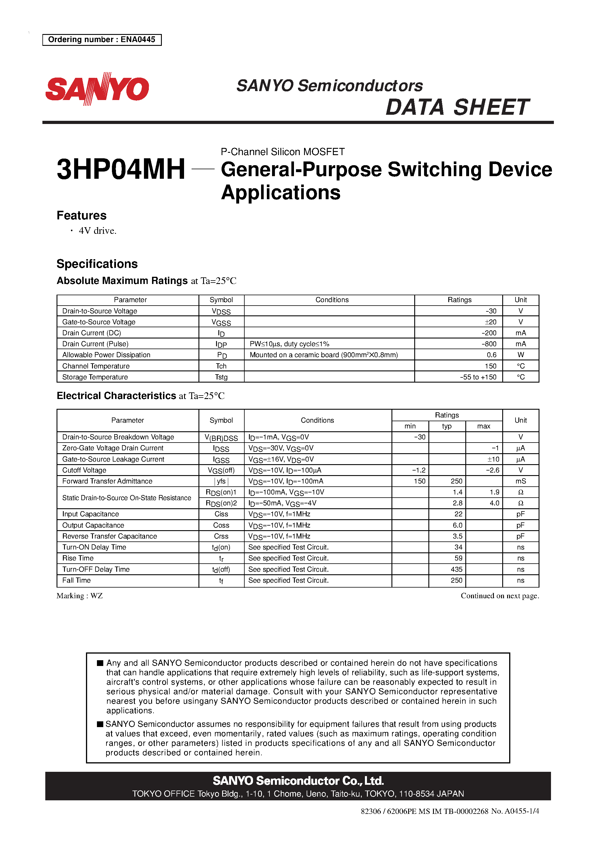 Даташит 3HP04MH - P-Channel Silicon MOSFET страница 1